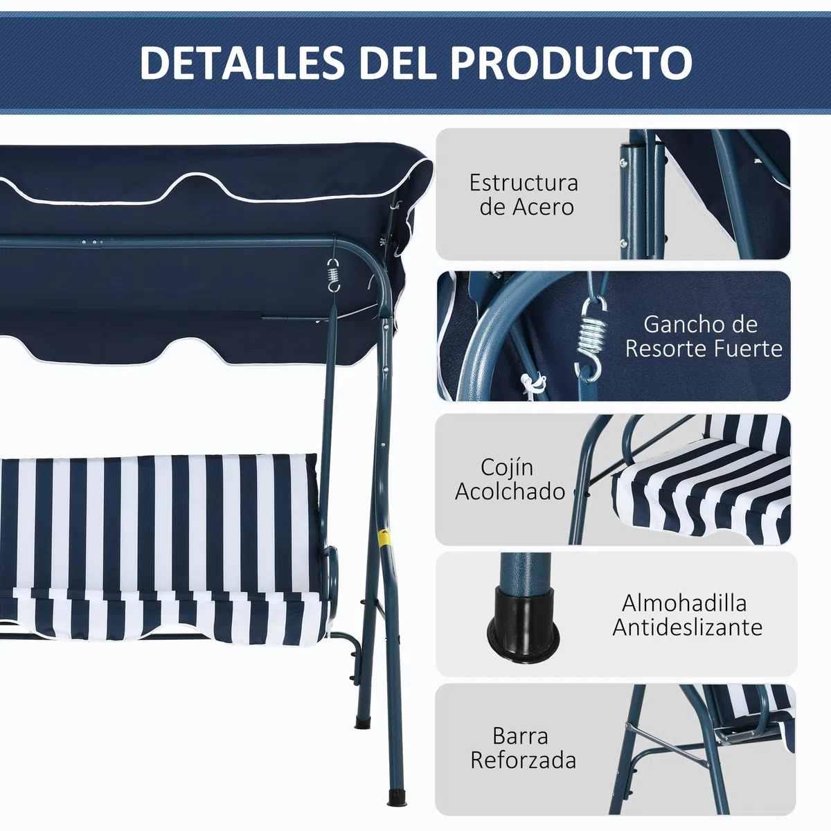 Outsunny Columpio de Jardín de 2-3 Plazas, Balancín de Exterior con Toldo Ajustable en Ángulo, Impermeable y Marco de Acero, para Patio, Balcón, 170x110x153 cm, Azul