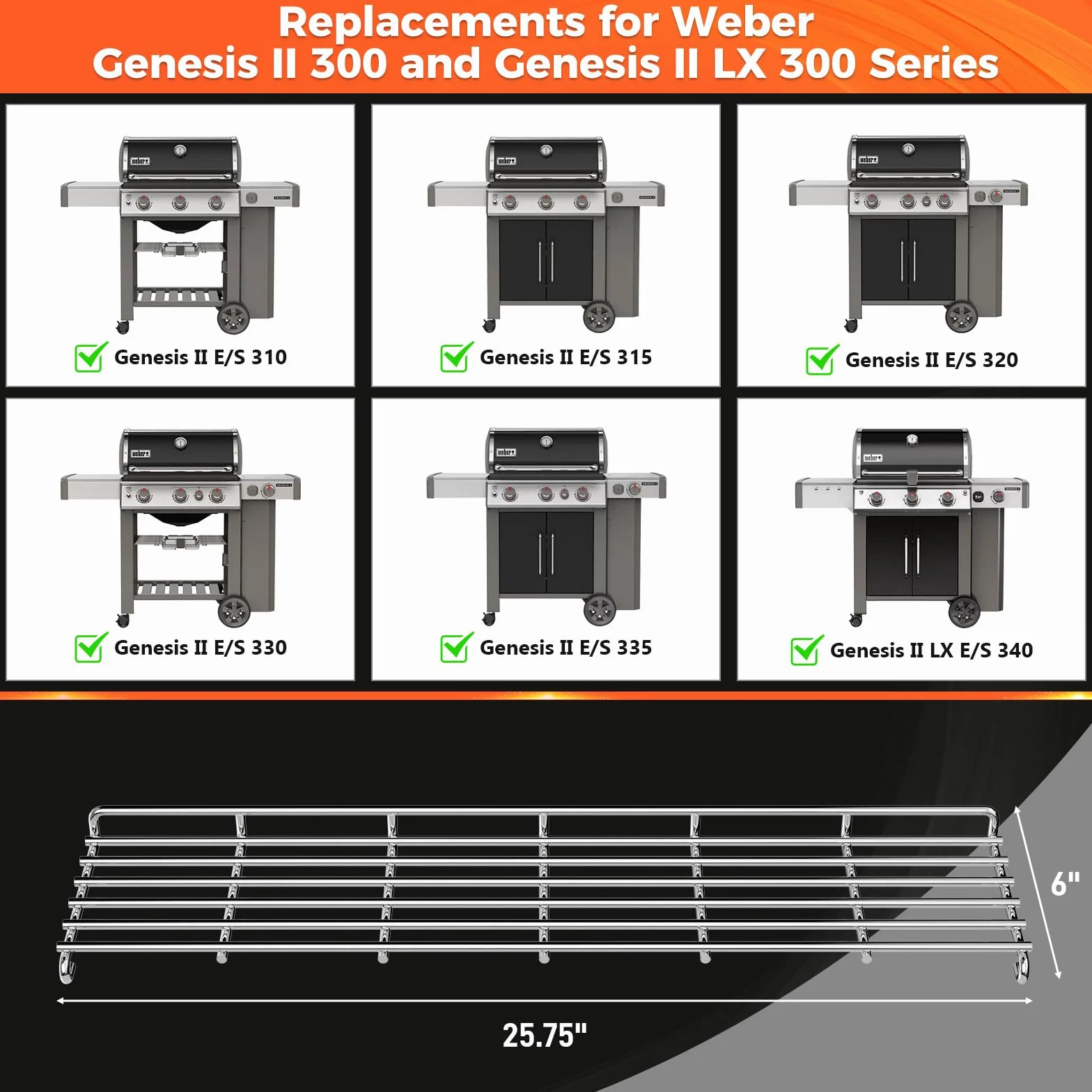 QuliMetal Rejilla de calentamiento de acero inoxidable 304 para parrilla de gas Weber Genesis II serie 300, Genesis II E-310, II E-315, II E-330, II E-335, II S-310, II S-335, II S-335, piezas de