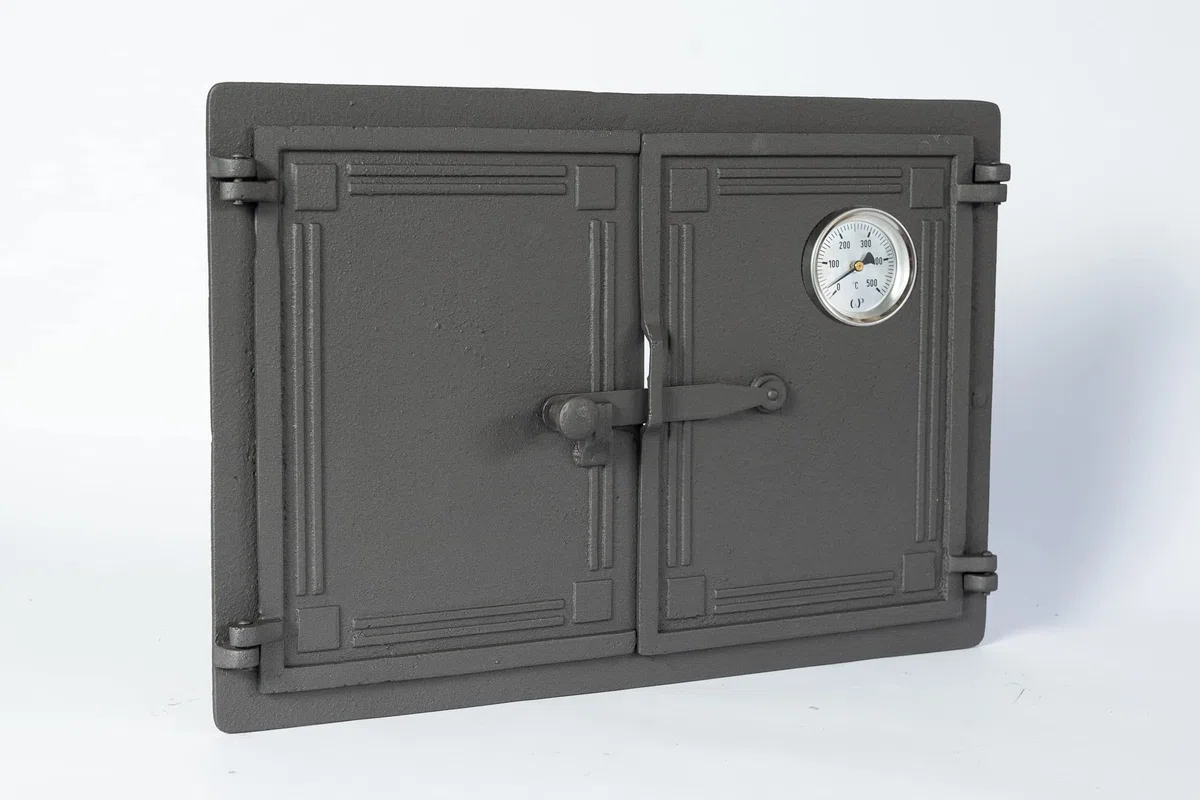Sezam, Puerta de horno de hierro fundido, puerta doble para horno de pizza de 48 x 32,5 cm, con termómetro de 500 C, horno de pan, cocina de jardín y cámara de ahumado, color grafito