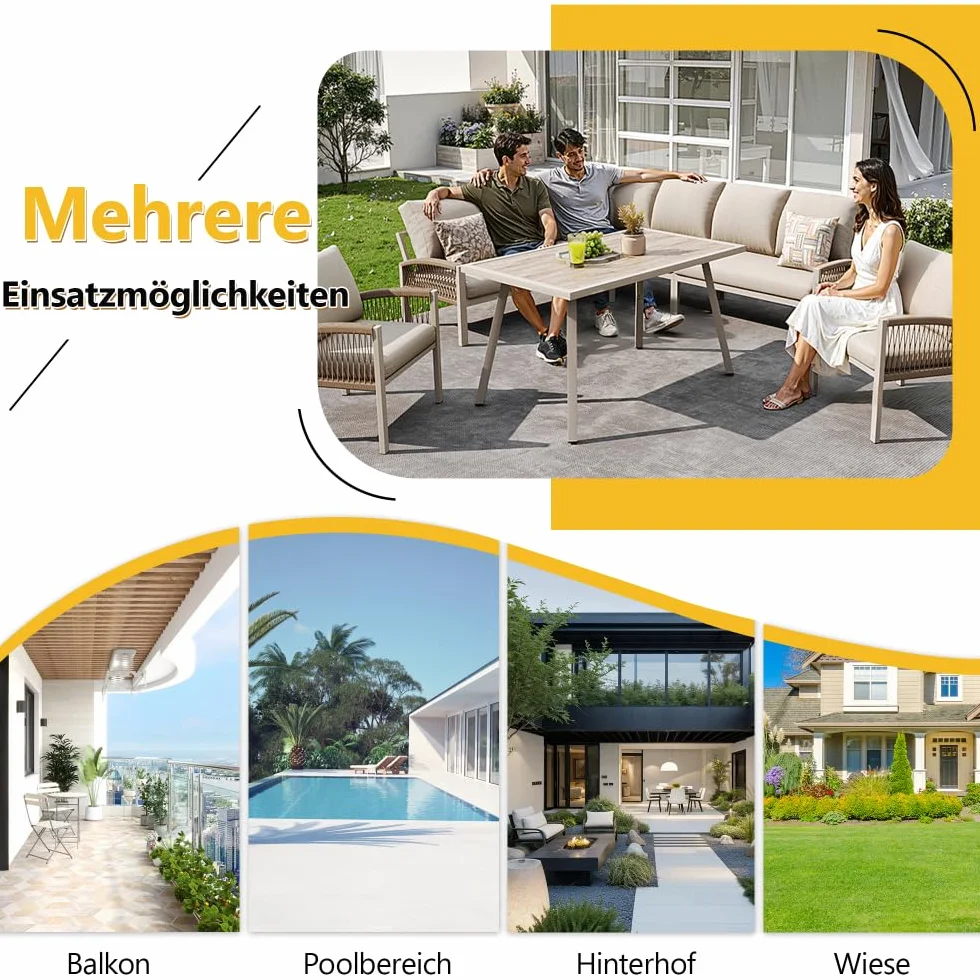 Sofá de jardín en forma de L para 8 personas/estructura de hierro con cojines beige/Incluye 1 mesa con tablero de cristal efecto madera y 2 sillones trenzados a mano/resistente a la intemperie