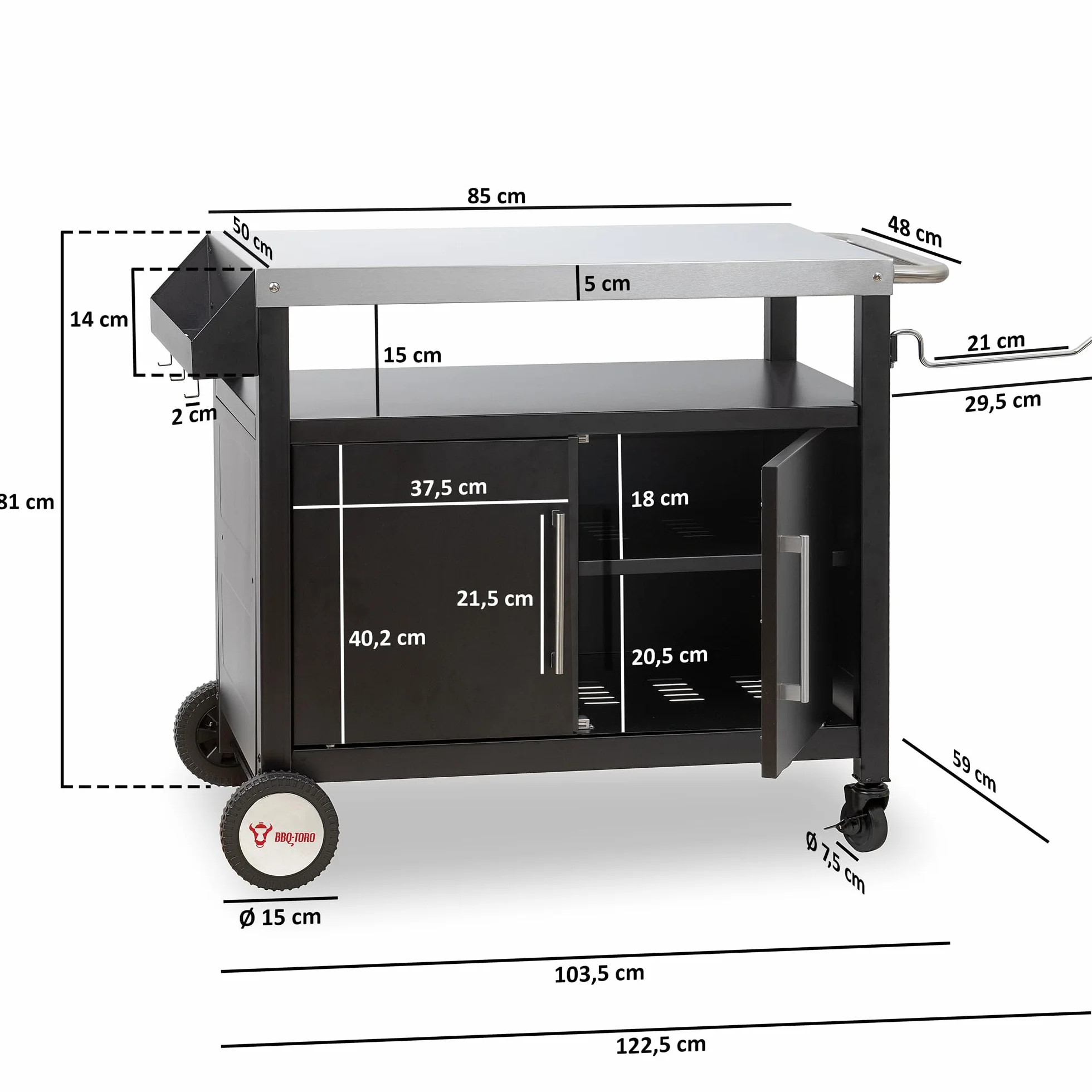 BBQ-TORO Carrito para Barbacoa | 103,5 x 59 x 81 cm | Mesa Auxiliar | Color Plata | Carro con Ruedas | Cocina al Aire Libre | Carrito Auxiliar para Barbacoa | Accesorio para Barbacoa