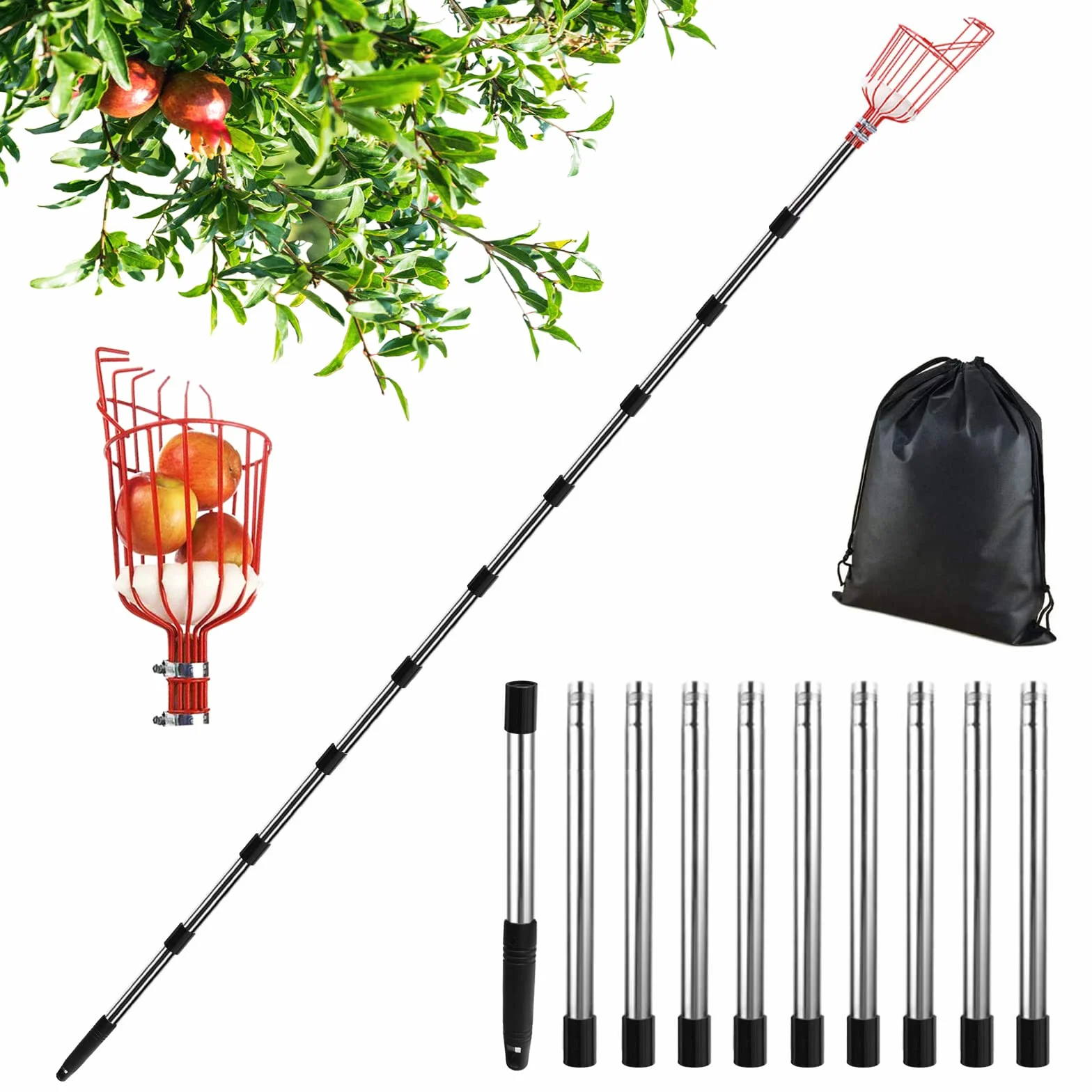 Recogedor de Frutas Telescopico 4.3M, Recoge Frutas Telescopico Acero Inoxidable, Recogedor Fruta Jardin, Recoge Frutas de Manzanas, Herramientas Recolectar de Higos Limón Cerezas Árbole Ø 145mm