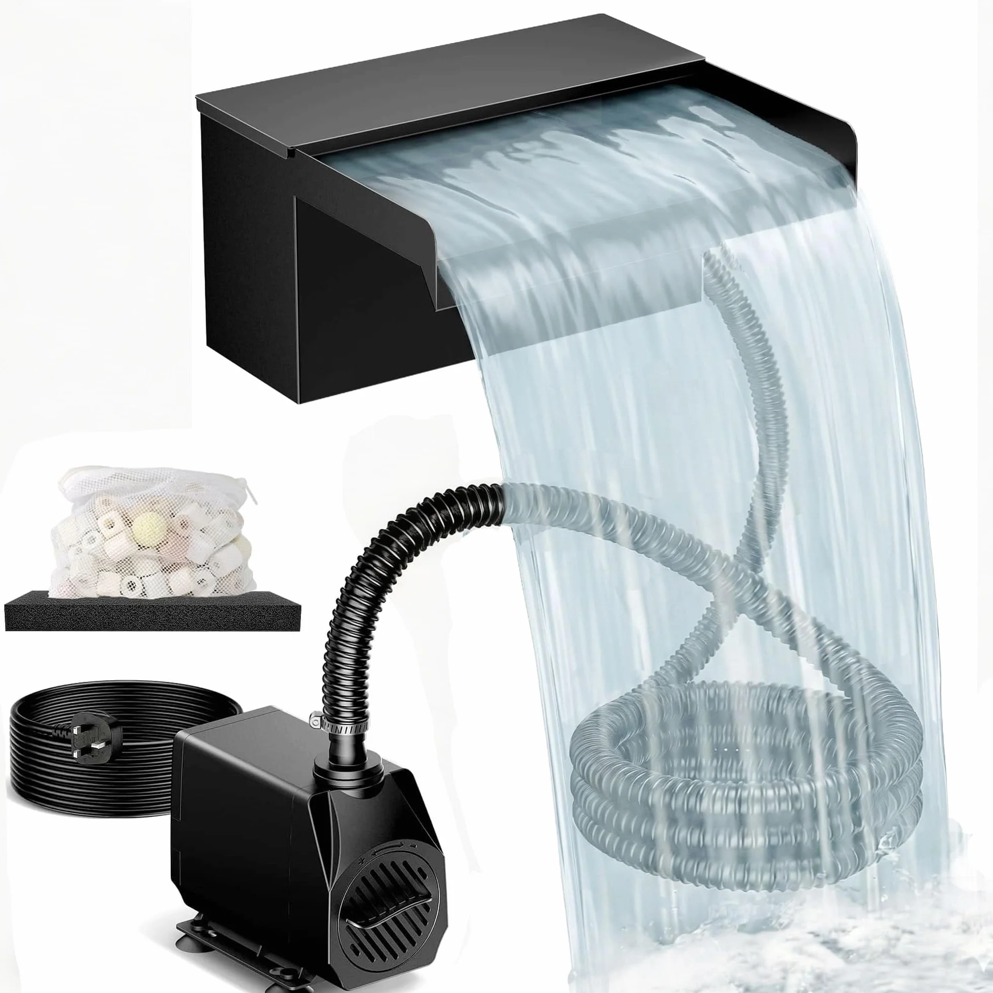 Biling Cascade para estanque de jardín con filtro, 20 cm, acero inoxidable, 40 W, 2500 l/h, bomba de estanque, decoración de jardín, cuenca de agua, patio, terraza, pared de agua, cuenca de carpas kui