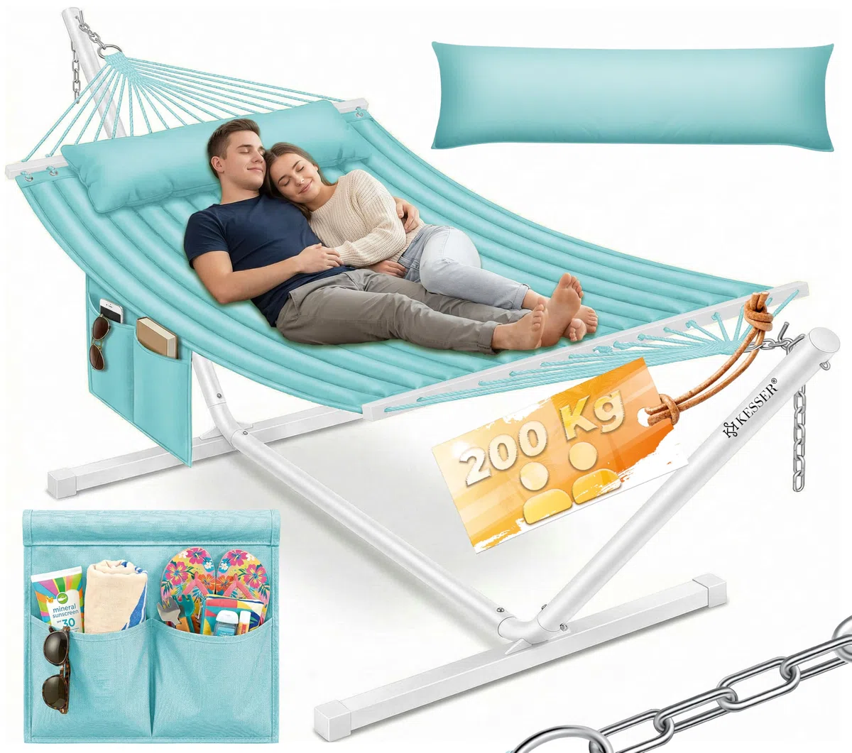 KESSER® Hamaca Hill con cojín estructural doble para 2 personas, marco estable, 200 kg, interior-exterior, XXL, gris/azul
