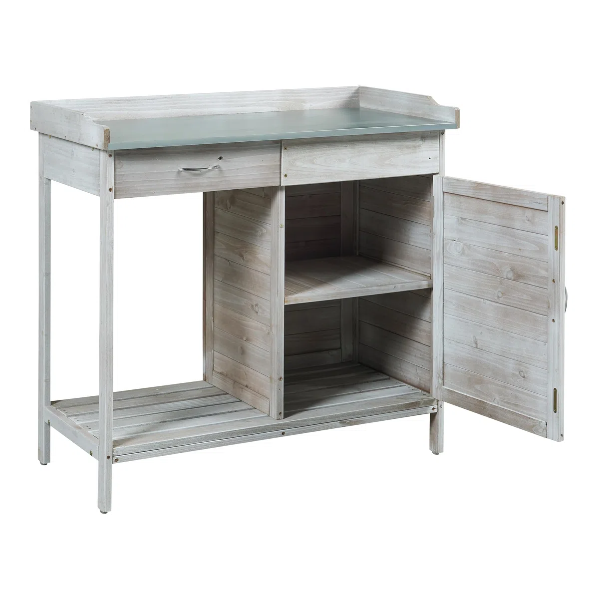 casa.pro Mesa de Jardinería Aliano con 2 Compartimentos Cerrados 1 Cajón Extraíble Mesa Auxiliar Jardín para Plantación Mesa de Cultivo Madera de Abeto Acero 98x48x94 cm - Gris