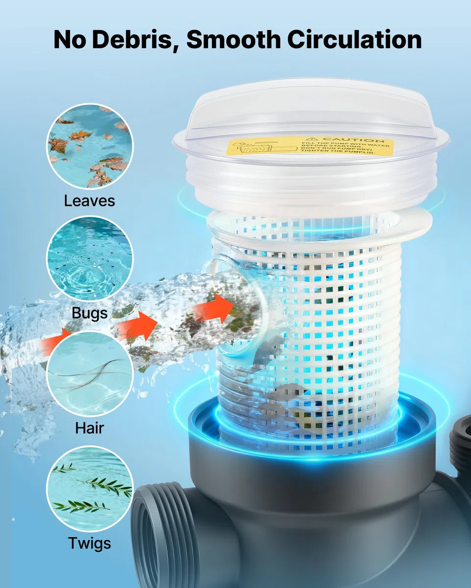VEVOR Bomba para Piscina Elevada 250 W Caudal Máximo de 11.700 L/H Bomba de Filtración para Piscina de Una Sola Velocidad, CA 220-240 V 2850 RPM, Altura de Elevación Máxima de 8 m, con Filtro y Tapa