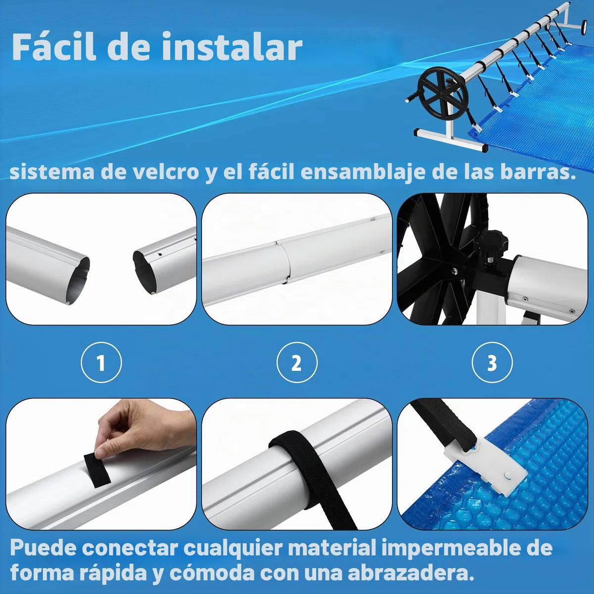 Sistema de enrollado para piscina, accesorios para lonas de piscina, lona solar, incluye cintas y ruedas, 3-5,7 m