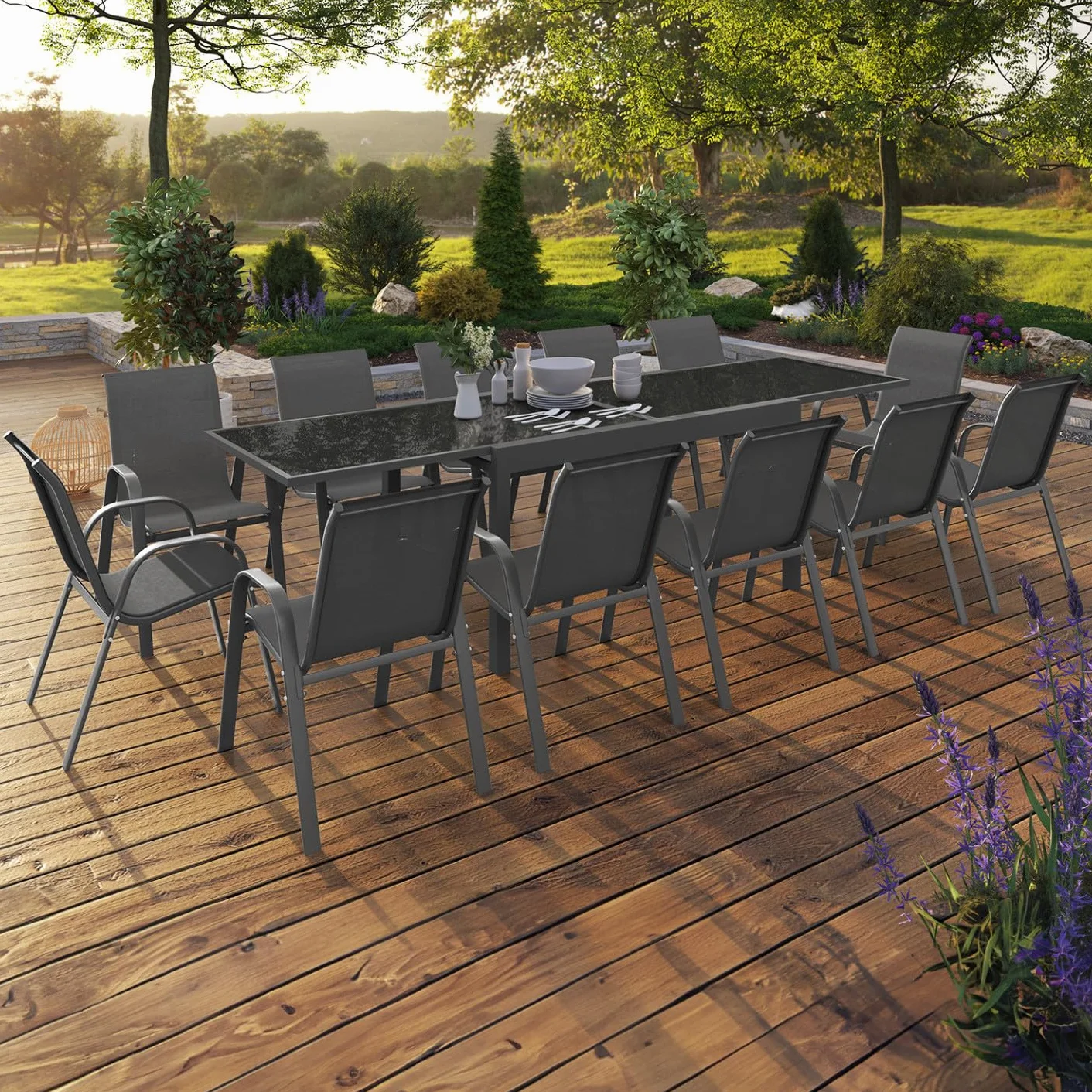 IDMarket - Muebles de jardín Madrid, extensible, mesa gris, 135-270 cm y 12 sillas apilables, gris antracita