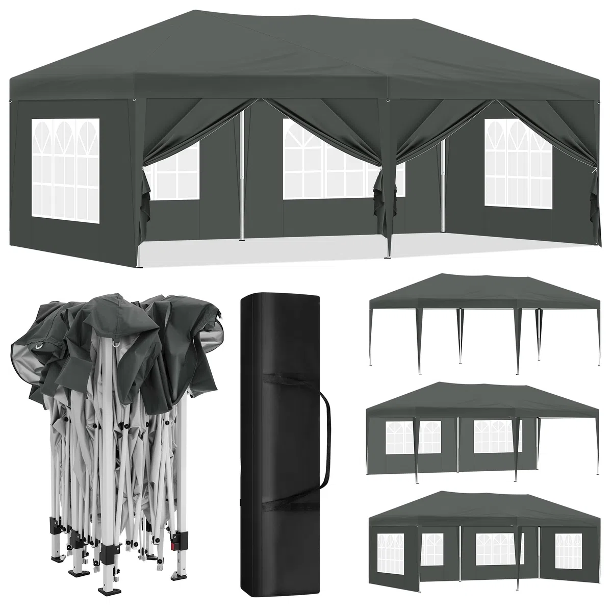 Laneetal Gazebo de Jardín 3x6 m, Carpa Plegable e Impermeable, Pergola Jardín Marco Metalico, Pabellón Cenador para Camping y Fiestas, 6 Paredes Laterales y 4 Ventanas, Antracita