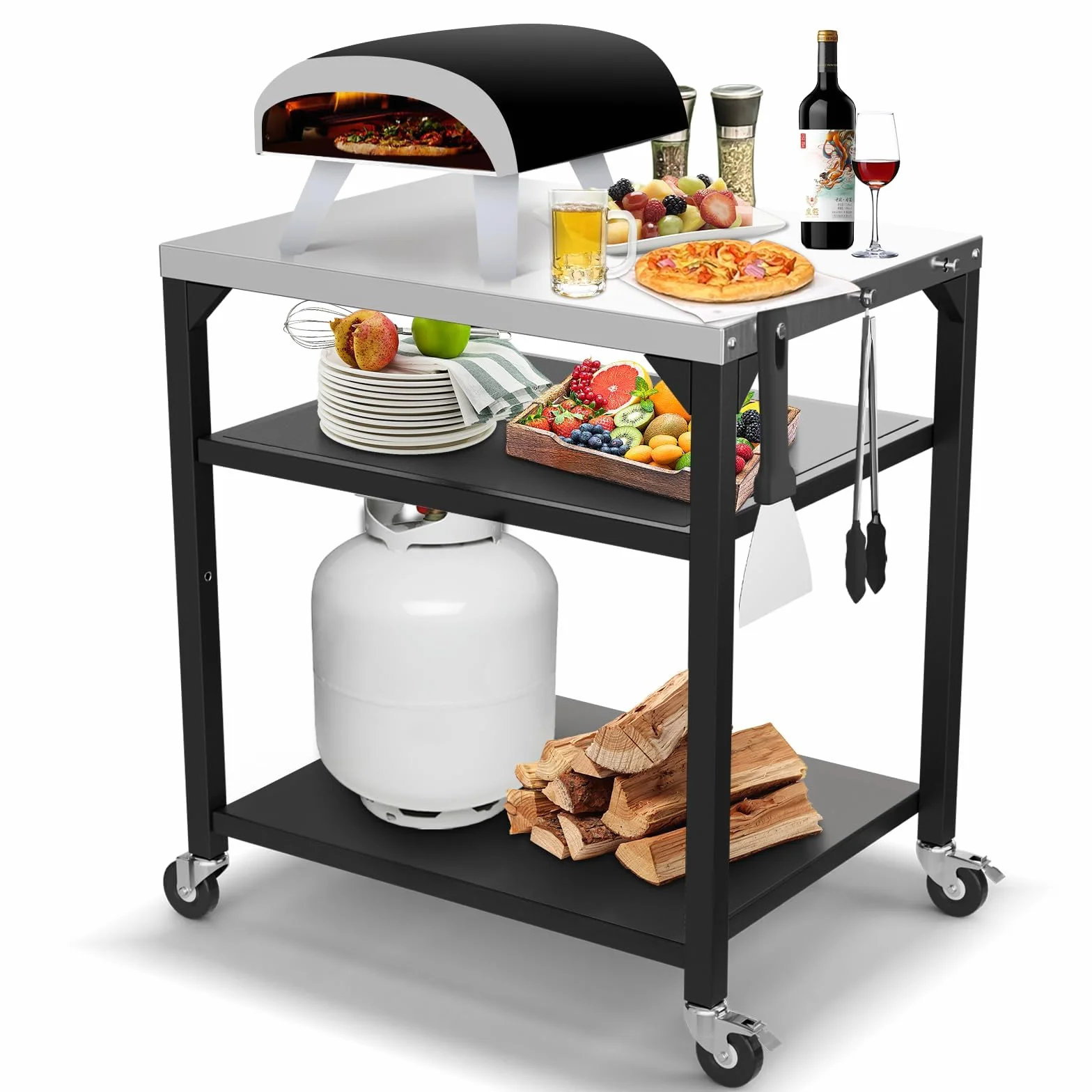 GFTIME Carro de mesa para horno de pizza, para Ooni, Ninja Woodfire, Blackstone Griddle, Weber Q, carrito grande de isla de cocina multiusos, soporte para barbacoa al aire libre, mesa de barbacoa de
