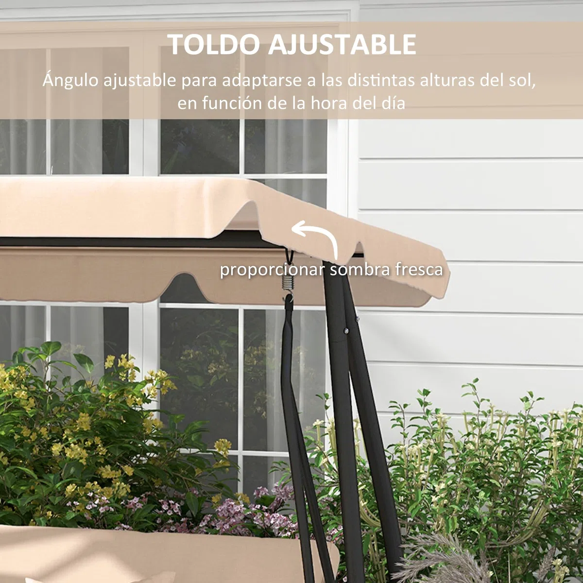 Outsunny Balancín de Jardín Exterior de 3 Plazas Columpio de Jardín Exterior Convertible en Cama 2 en 1 con Toldo Ajustable Soportes Laterales y 2 Almohadas Carga 340 kg 200x120x164 cm Arena
