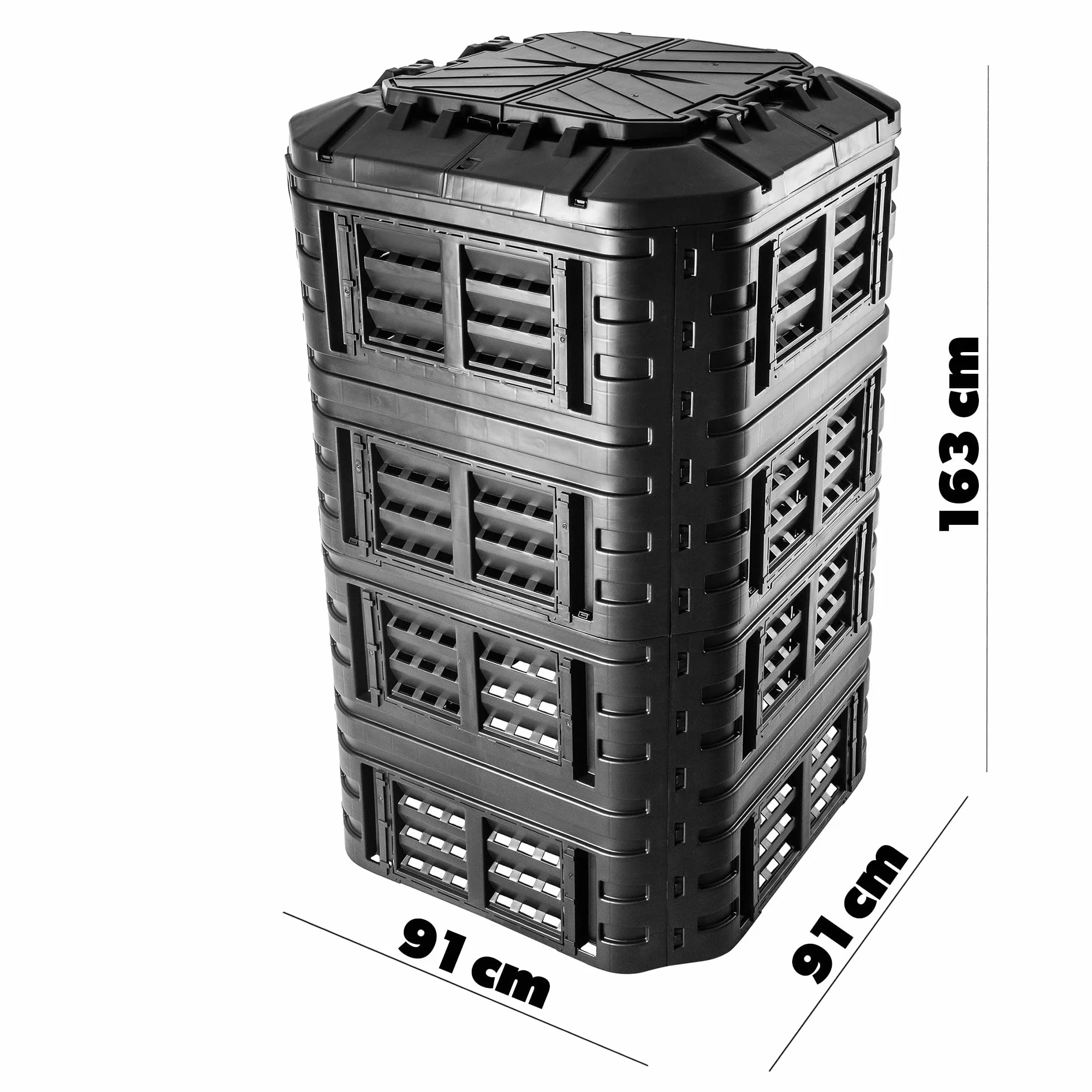 KADAX Compostador de plástico rápido, compostador con botones a presión, compostador térmico negro con tapa plegable (1260 L)