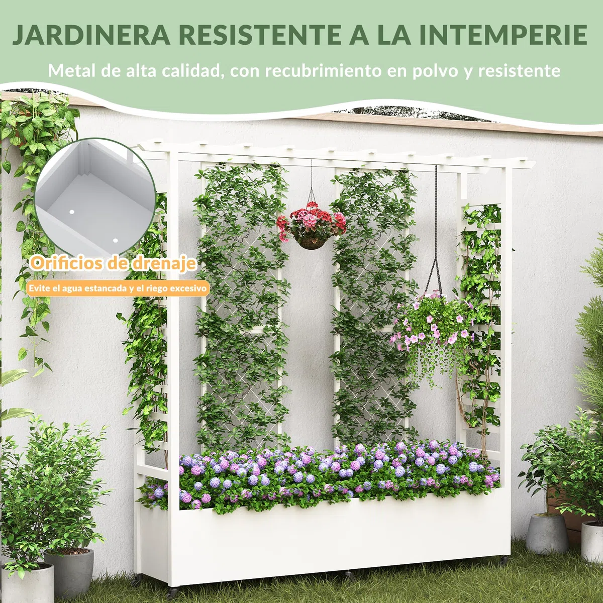 Jardinera elevada con enrejado y techo colgante, jardinera metálica resistente a la intemperie con 4 ruedas y 2 enrejados laterales para plantas trepadoras, mampara divisoria móvil para exteriores.