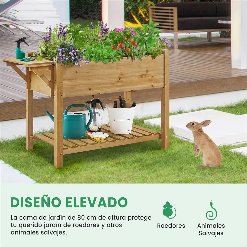 Yaheetech Huerto Urbano con Estante 123,5x54x80cm Macetero Jardinera Elevada de Madera Abeto con Rejillas de Cultivo Extraíbles y Forro Interior de Tela para Jardín/Terraza/Balcón Marrón Claro