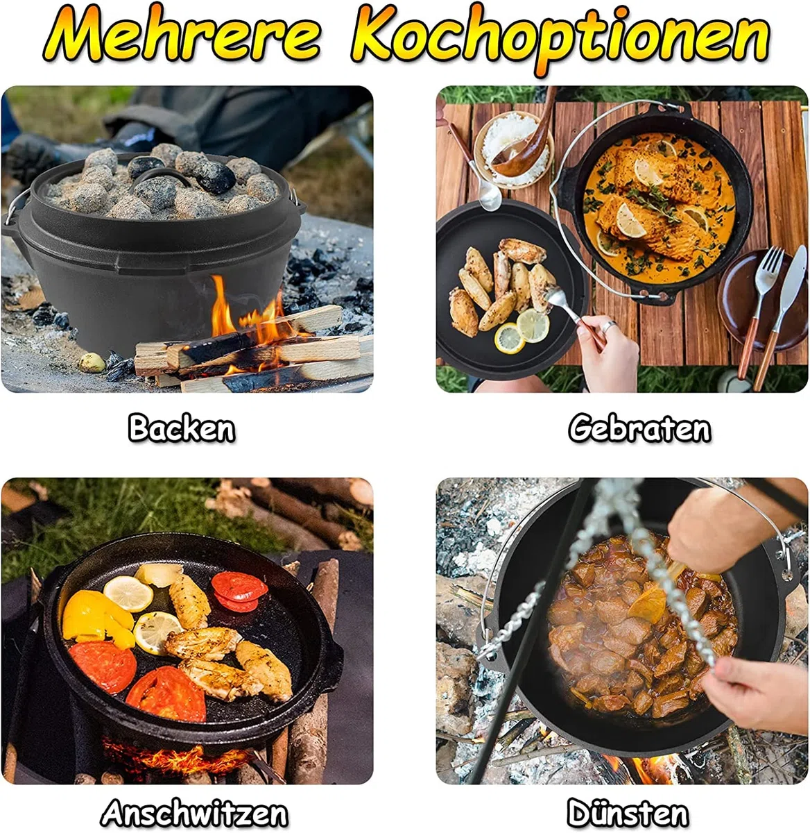 Froadp Set de Horno Holandés Dutch Oven Set Olla de Hierro Fundido Incluye Sartén Sartén para Hornear Cazuela Gancho de Mano etc Firepot Olla Parrilla para BBQ Interior Exterior Camping (10 Piezas)