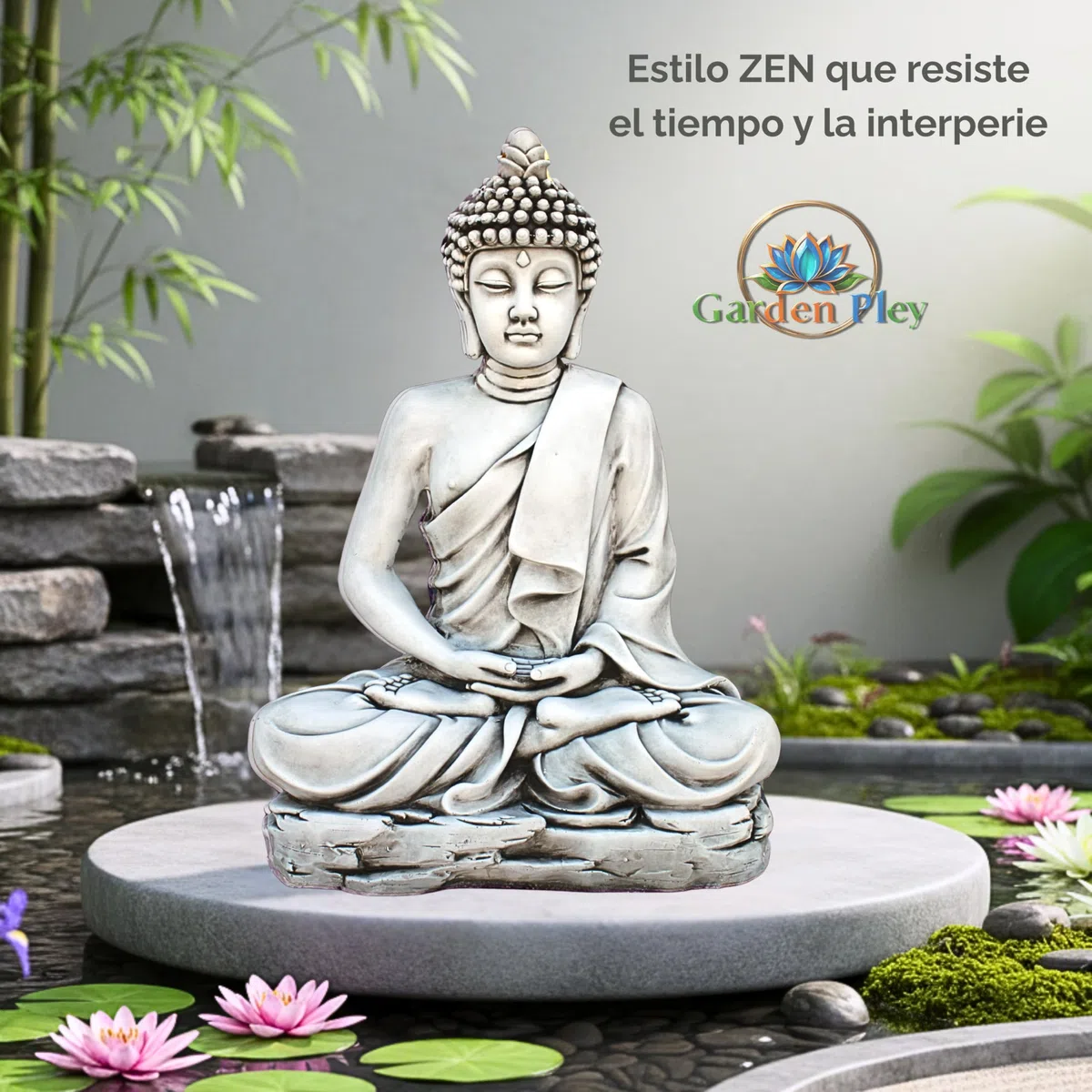 Buda Grande Sereno 73 cm (Ceniza). Budas Grandes de Jardin Zen en Piedra Artificial para Decoracion Jardin Exterior. Figuras y Budas Decorativos. Estatuas Decorativas Feng Shui.