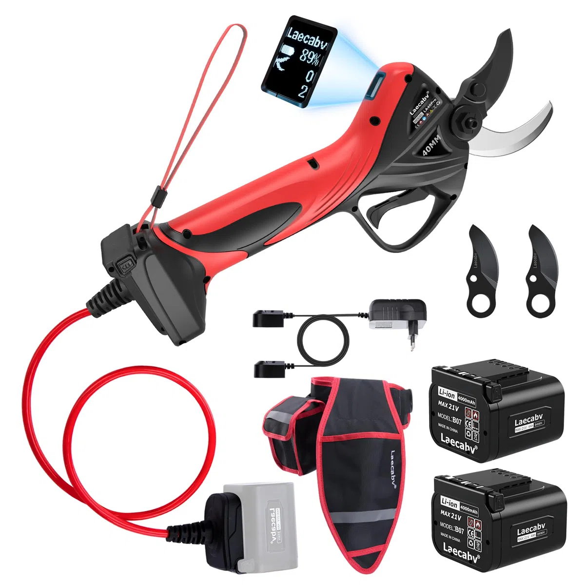 Laecabv Tijeras de Podar Eléctricas Profesionales LA40Pro, 40mm Corte Progresivo, 2x4.0Ah Baterías (12h), 2 Años de Garantía para el Cuerpo, Conector de Cintura y Pantalla LCD para Olivos y Viña