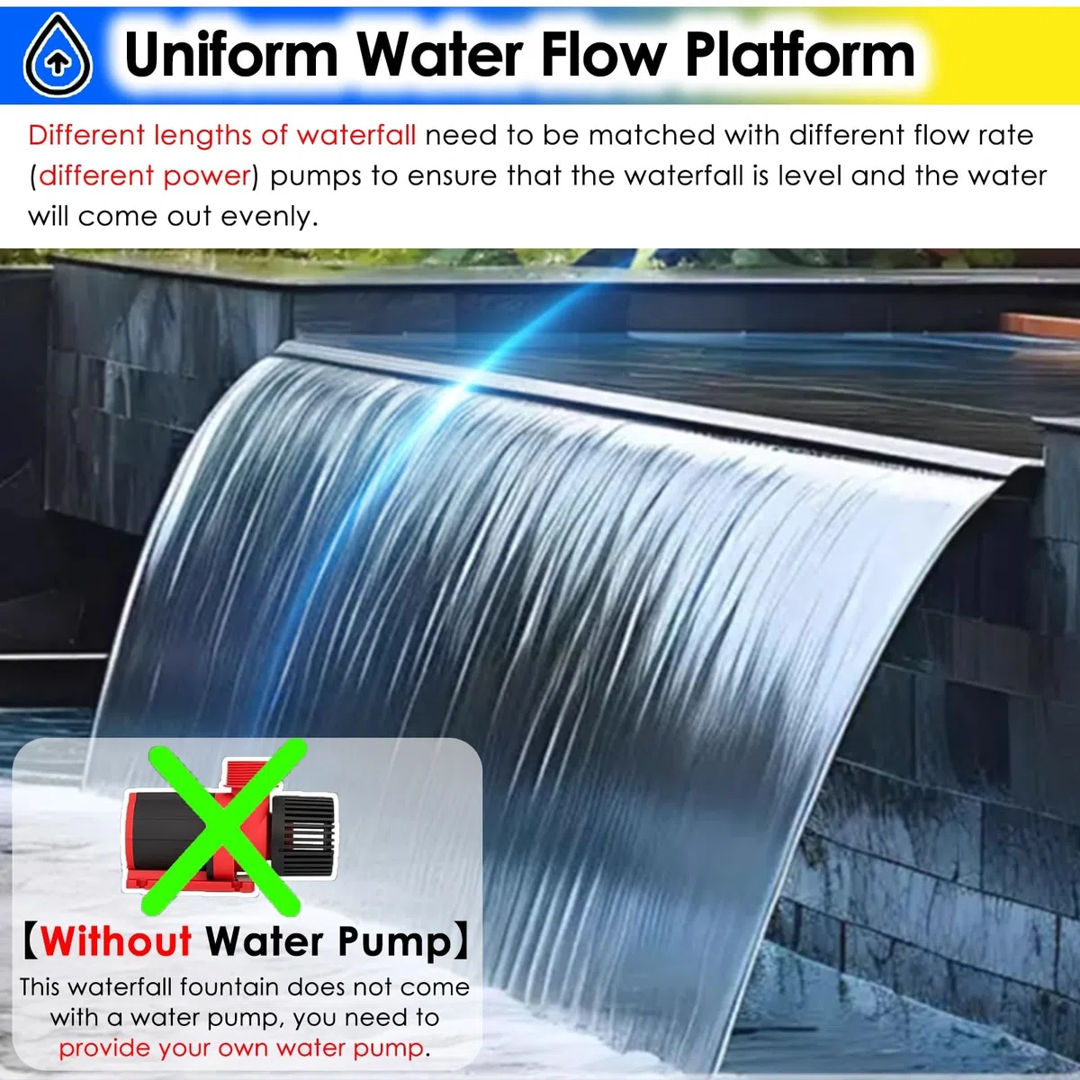 Derrame de cascada de acero inoxidable para piscina, diseño delgado empotrado para una fácil instalación, mejora las características del agua del jardín y el patio trasero