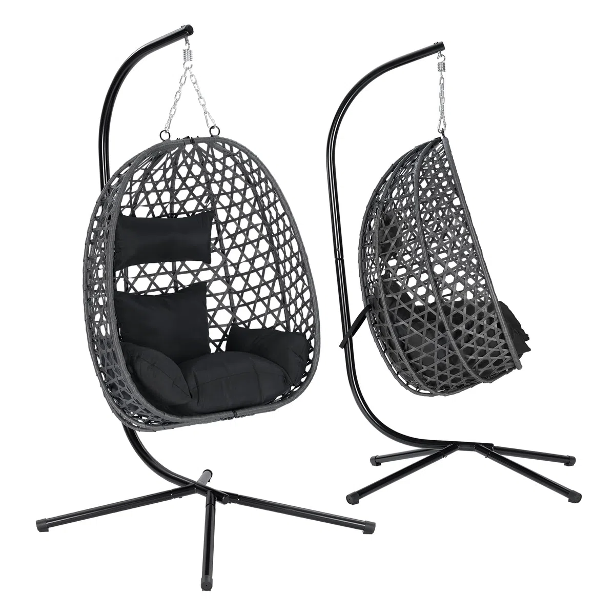 WOLTU Silla Colgante, Hamaca Columpio con Cojín y Reposacabezas, Aspecto Ratán PE y Estructura de Metal, Carga 150 kg, para Jardín, Patio y Terraza, 102x100x196 cm, Negro