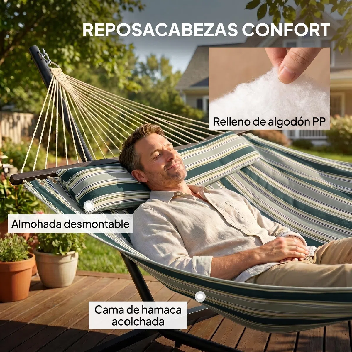 Outsunny Hamaca con Soporte, Hamaca de Jardín Portátil con Almohada Desmontable, Barras Separadoras, Marco de Acero, Carga 120 kg, para Patio, Terraza, Diseño Rayas, 353x94x115 cm, Verde