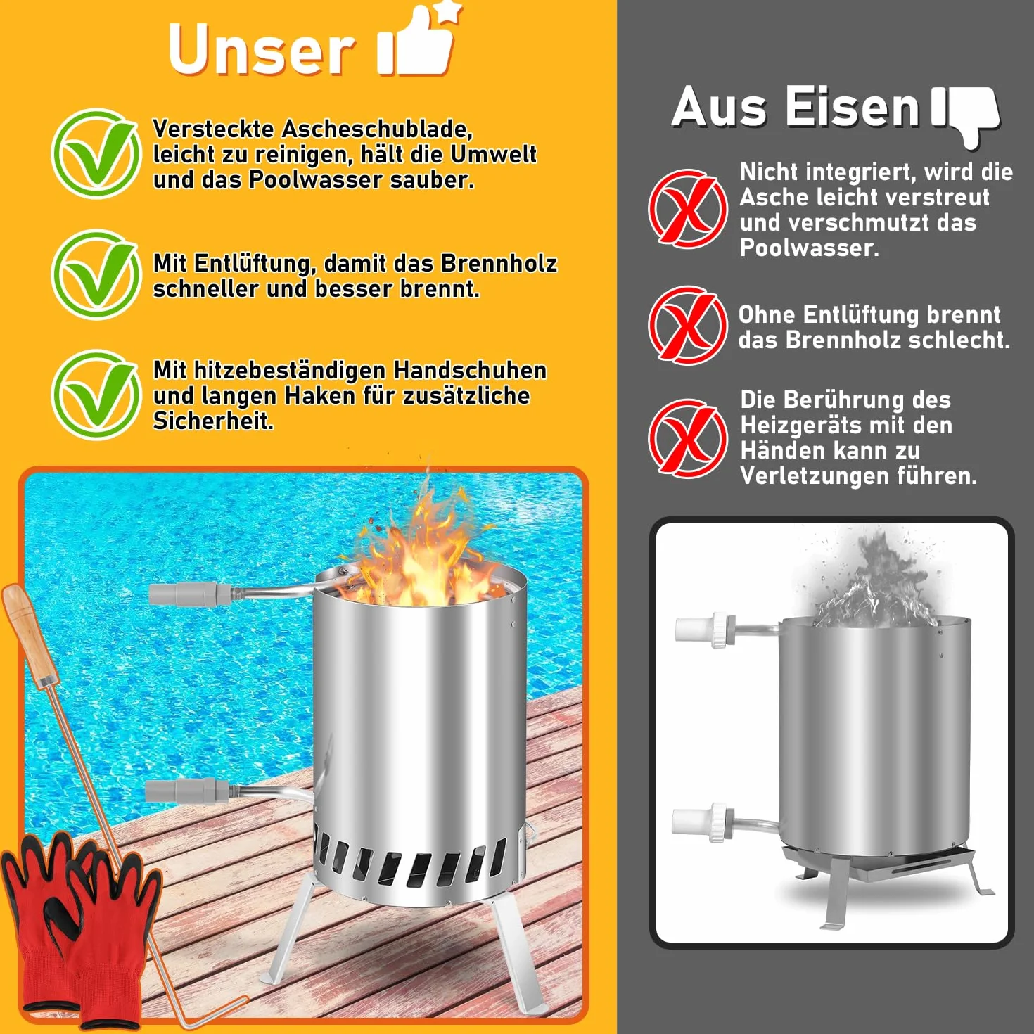 Fiqops Leña, calentador de piscina, calentador de piscina con fuego, calentador de piscina, cañón de fuego, acero inoxidable, piscina climatizada, cubo de fuego 36/38 mm de conexiones, 100% acero