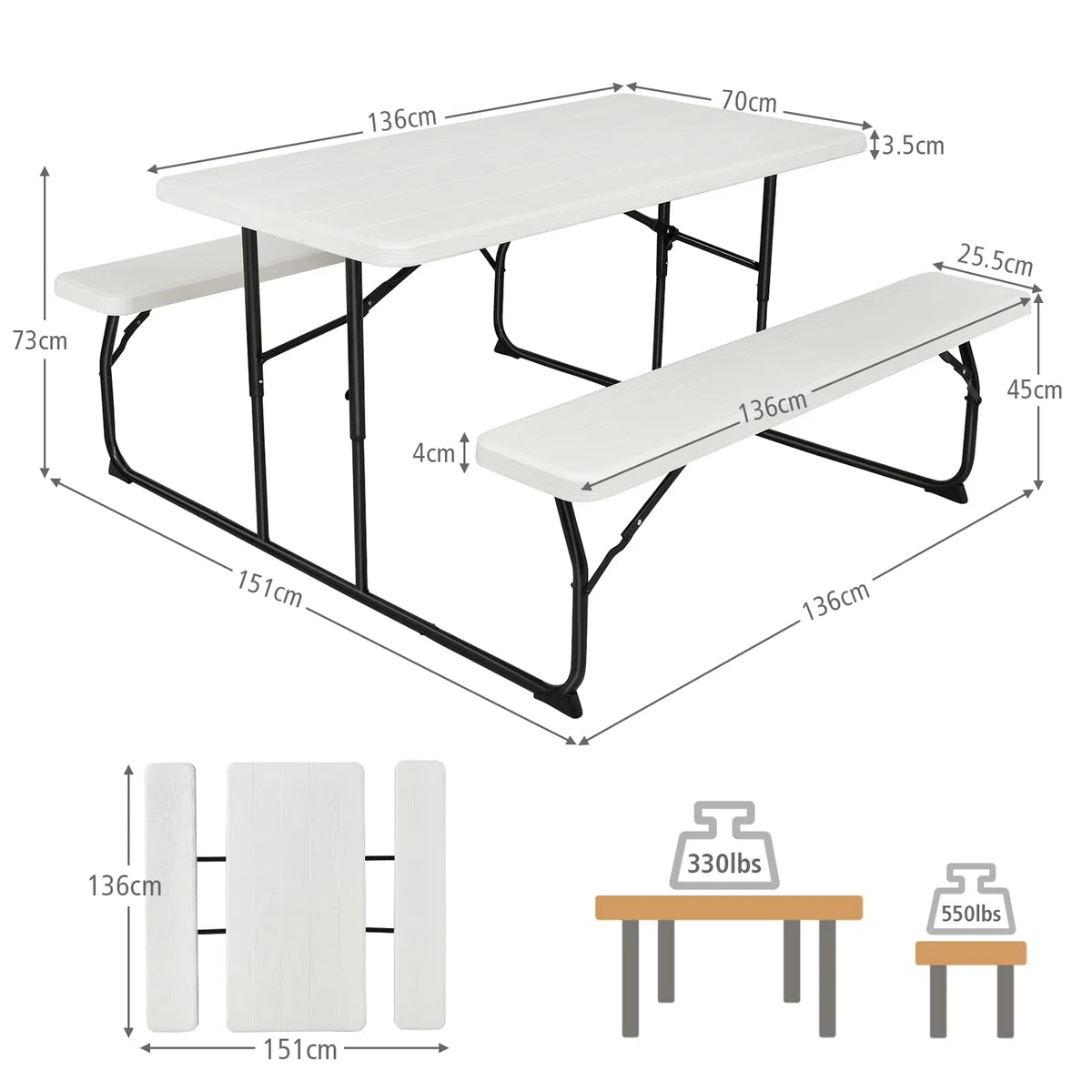 KOMFOTTEU Juego de Mesa y Sillas de Picnic Plegable, Juego de Muebles de Cerveza de 3 Piezas con 1 Mesa y 2 Bancos, Juego de Camping Portátil para Exteriores con Marco Metálico