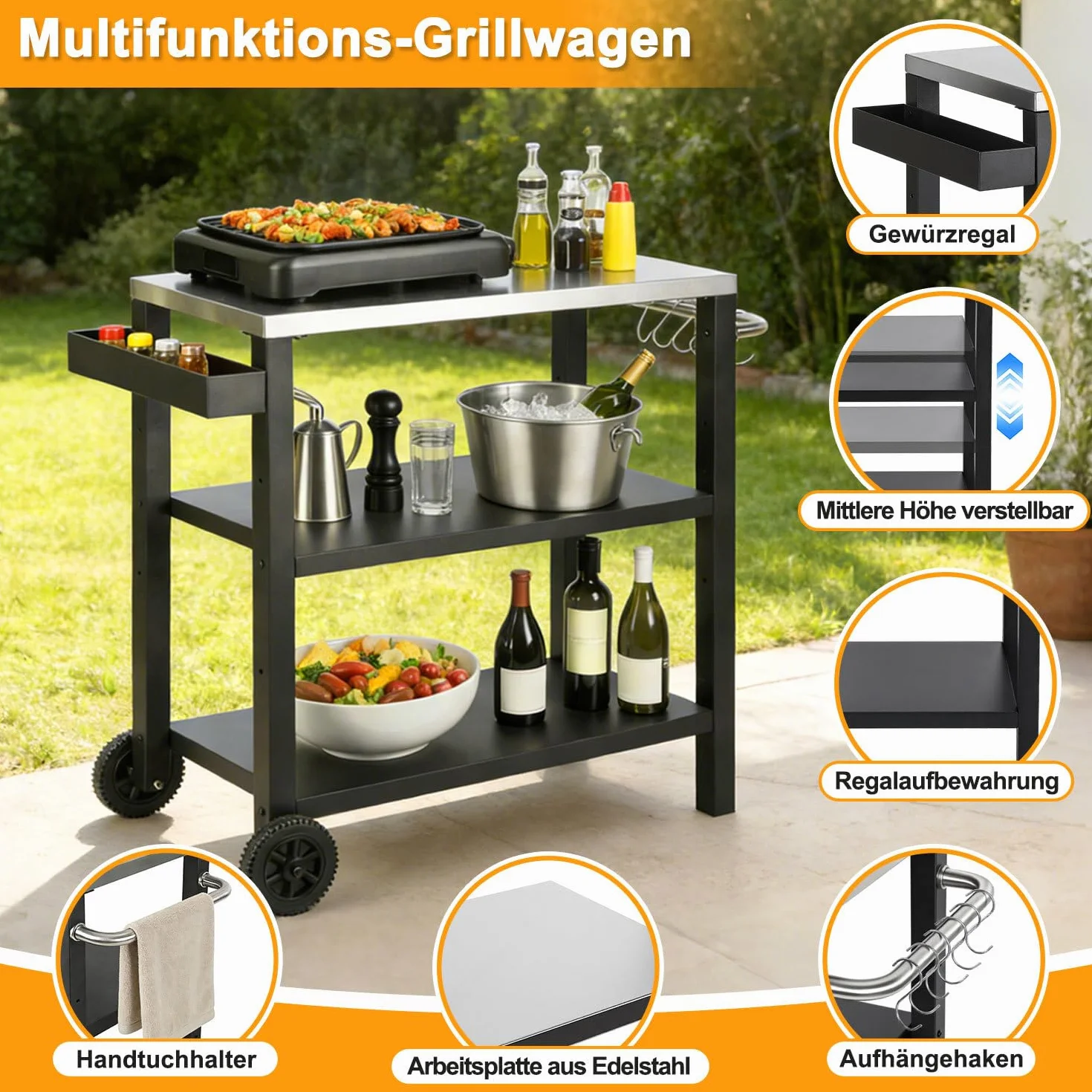 Carro de barbacoa regulable en altura, mesa de barbacoa con 3 estantes, 6 ganchos, asa y estante para especias, carrito de cocina al aire libre con ruedas, mesa de acero inoxidable para jardín