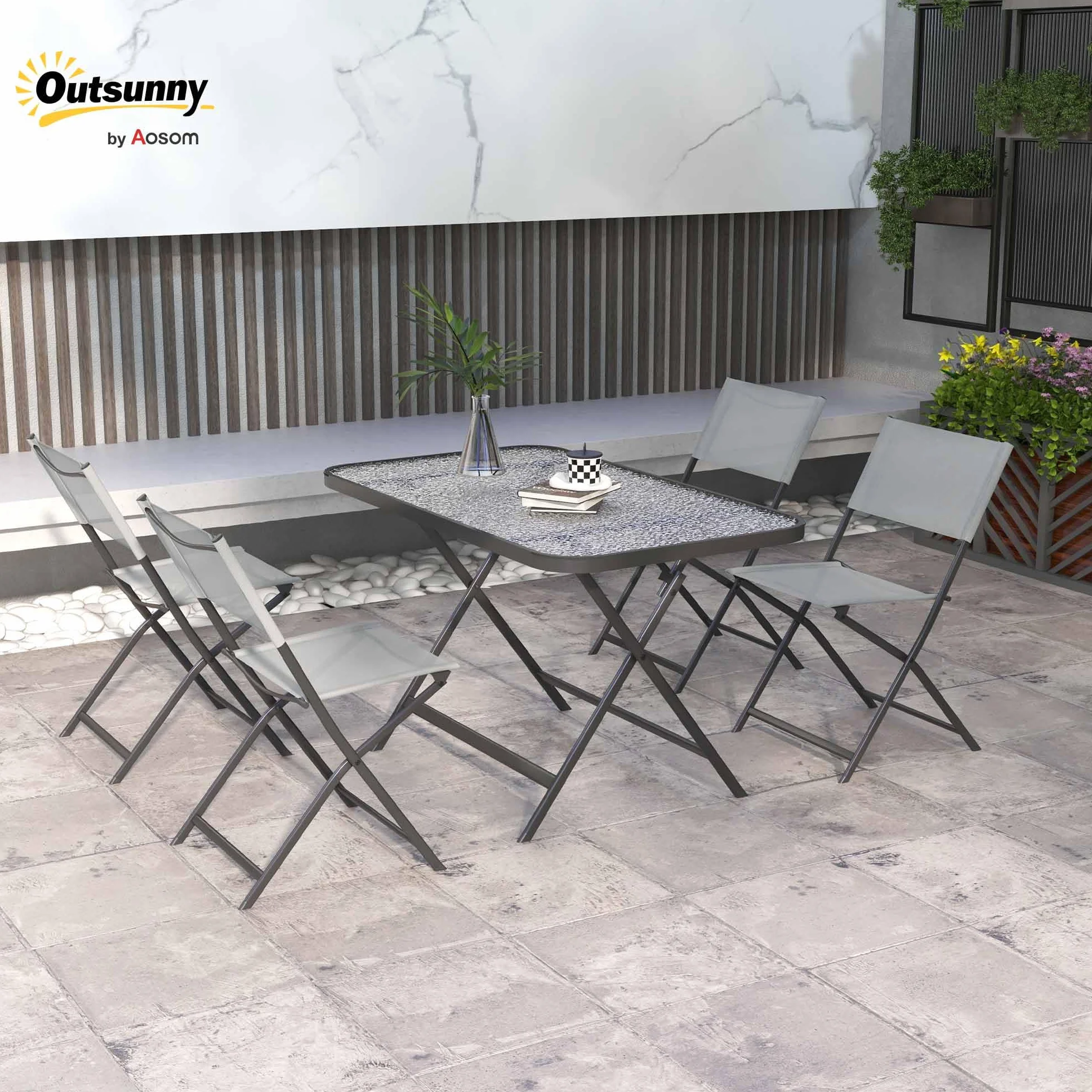 Outsunny Conjunto de Jardín Conjunto de Comedor de Exterior de 5 Piezas Incluye 1 Mesa de Vidrio Templado y 4 Sillas Plegables Estilo Moderno para Terraza Patio Gris