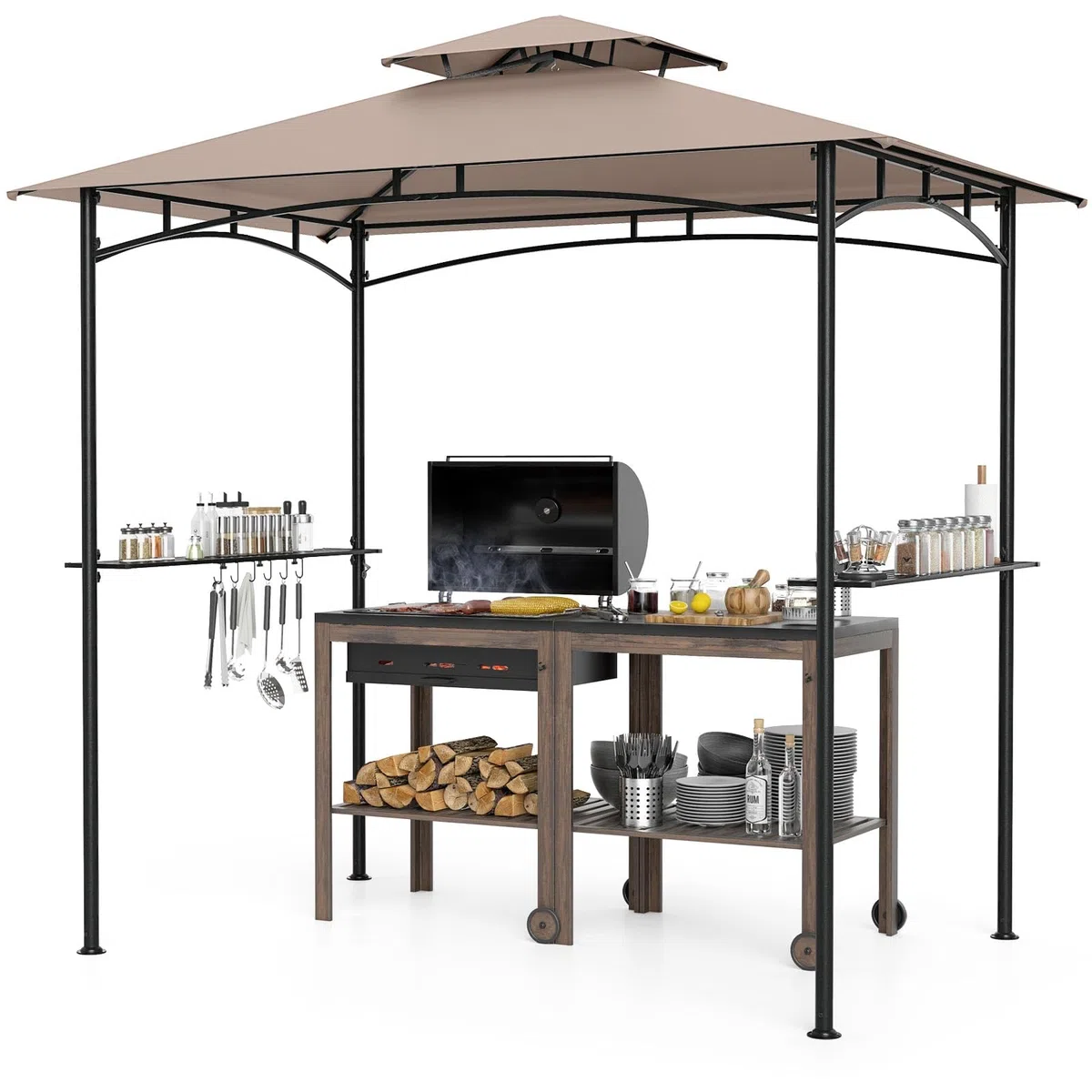 COSTWAY Carpa de Barbacoa 242 x 150 cm, Pergolas de Jardin de Techo Doble con 2 Estantes, 6 Ganchos, Estructura Metálica, Cenador para BBQ Jardín Terraza Fiesta Picnic (café)