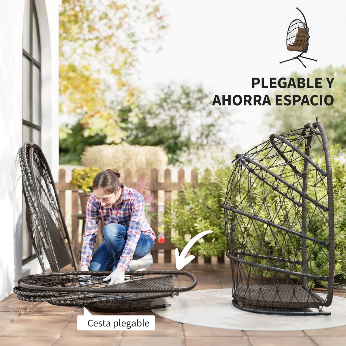 Outsunny Silla Colgante Huevo con Soporte, Columpio Jardín Exterior con Cesta Plegable de Ratán, Cojín Grueso, Reposacabezas, Altura Ajustable, Cuerda para Interior y Exterior, Marrón