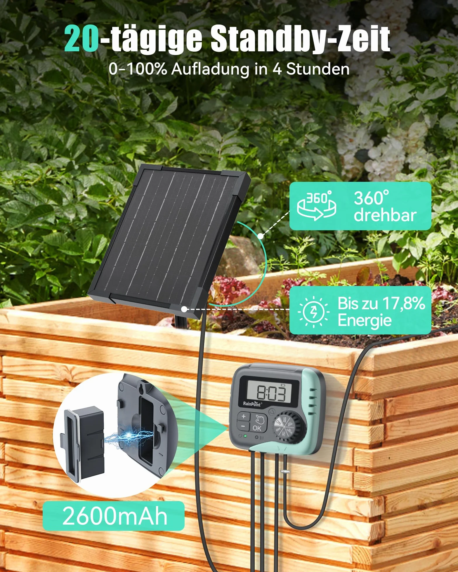 RAINPOINT Kit de Riego por Goteo Automático Solar, Sistema de Riego Automático de 45L/H con Bomba Programable, Batería de 2600mAh, para Macetas Vacaciones, Balcón, Jardín