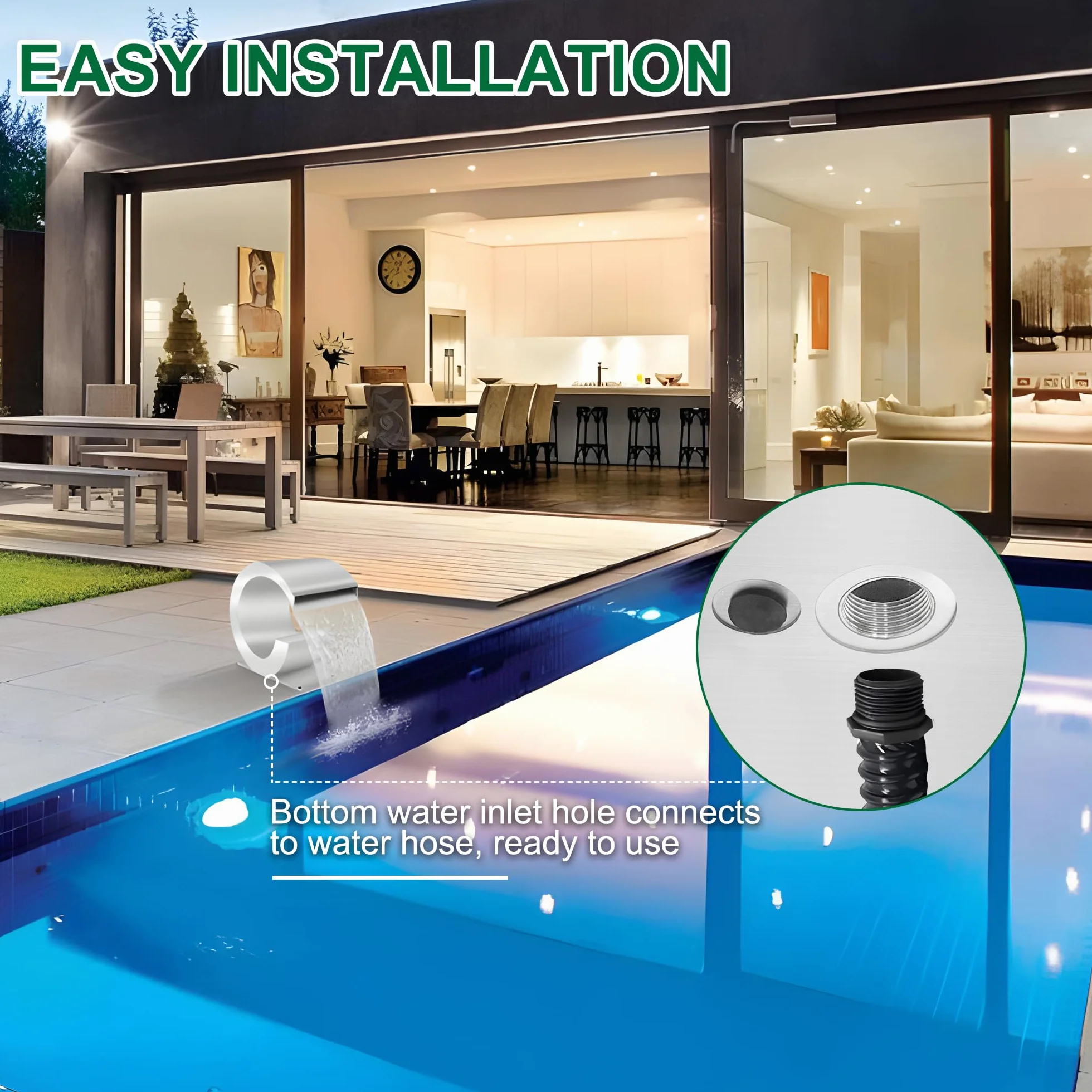 Fuente de piscina de acero inoxidable curvada, LONGRUNNEW con accesorios y cascadas de estanque J, kit para jardín, patio o piscina, 34,5 cm de altura