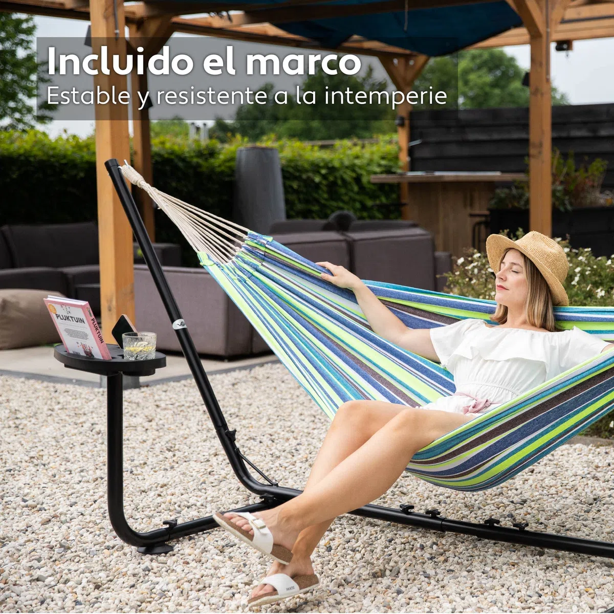 Vita5 Hamaca con Soporte – Estructura Ajustable de 290 a 330 cm – Hamaca Grande de 80% Algodón y 20% Poliéster para Jardín, Terraza, Balcón y Camping – Incluye Bolsa de Transporte