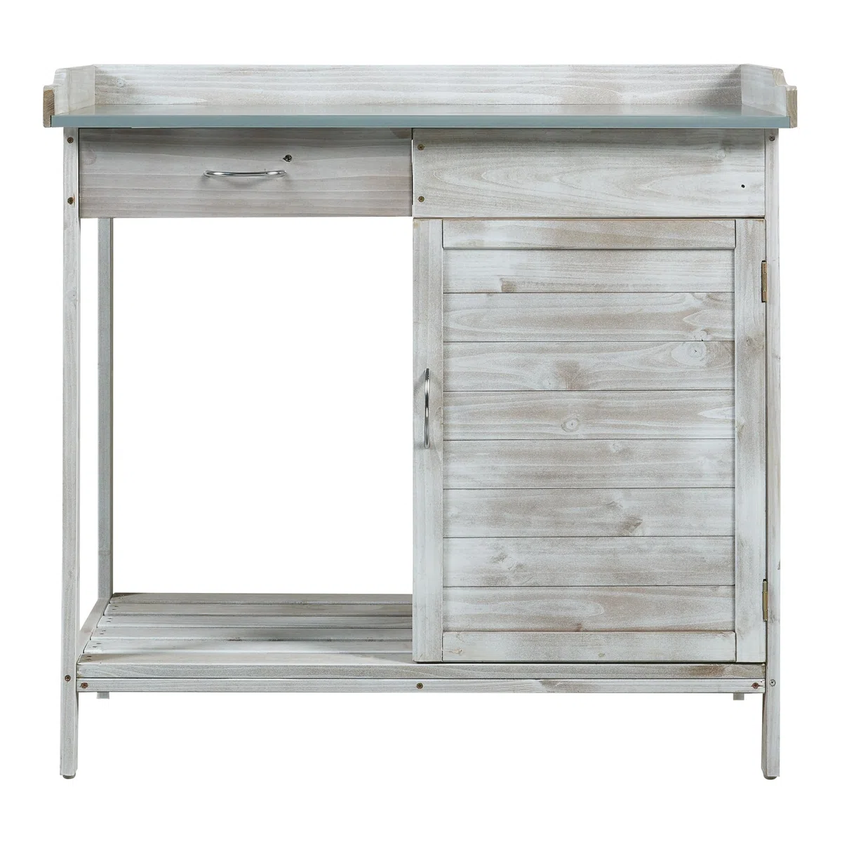 casa.pro Mesa de Jardinería Aliano con 2 Compartimentos Cerrados 1 Cajón Extraíble Mesa Auxiliar Jardín para Plantación Mesa de Cultivo Madera de Abeto Acero 98x48x94 cm - Gris