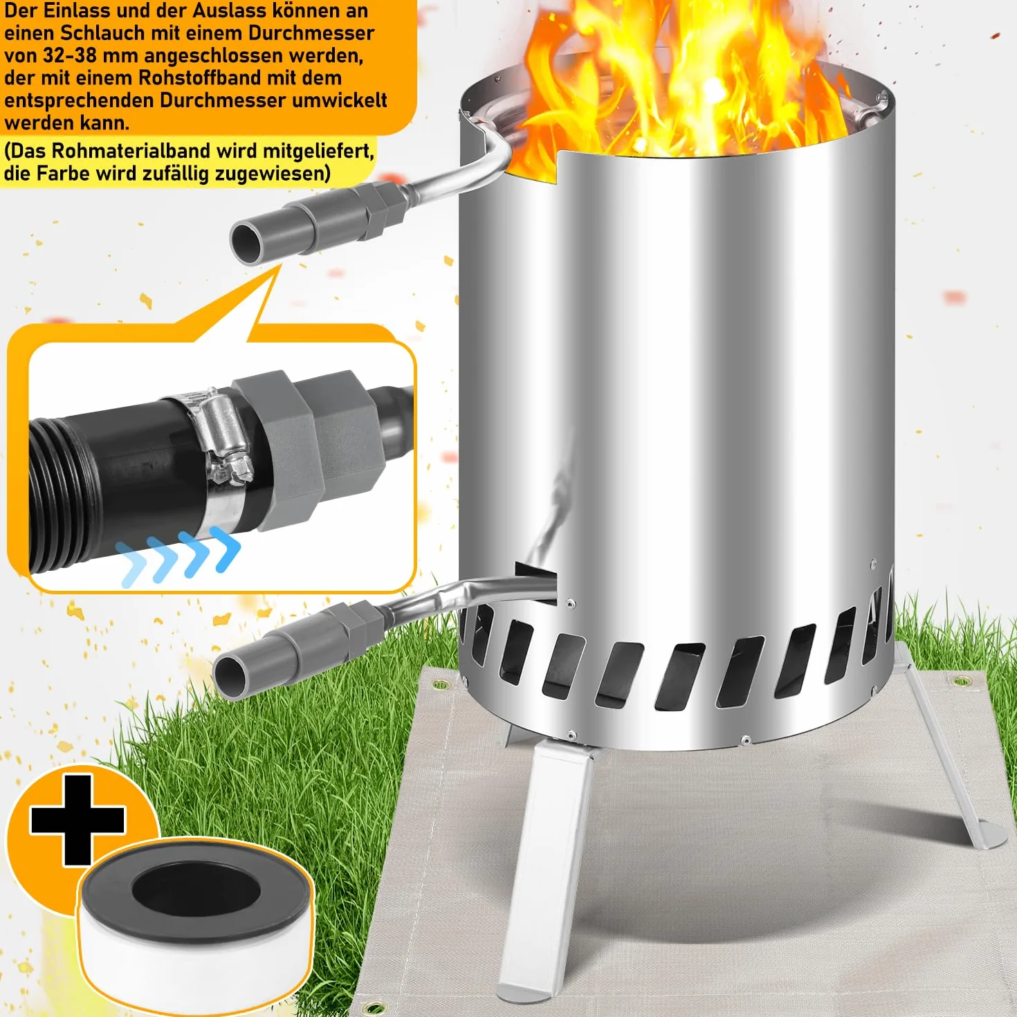 Fiqops Calefacción para piscina de leña con fuego, calentador de piscina de acero inoxidable con barril de fuego, estufa de piscina con conexiones de 32 – 38 mm, calefacción de piscina exterior de