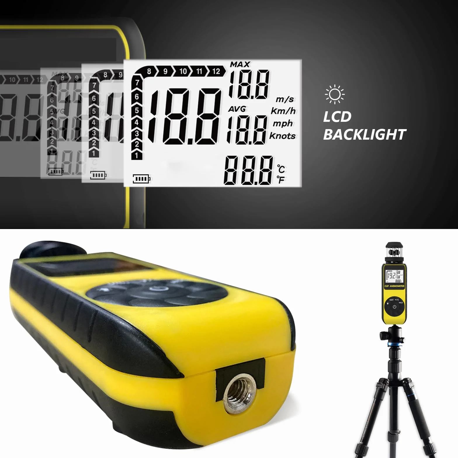 Wind Cup Anemómetro para Exterior, Digital Medidor de Velocidad Viento 0.7~42m/s con MAX/AVG Modos & Prueba de Temperatura del Viento, Wind Speed Meter con Brújula para Drones Vela Surf