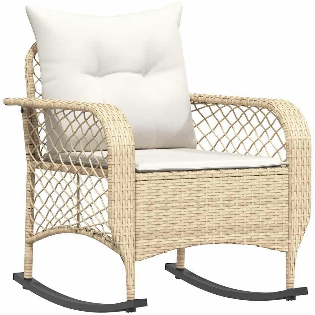 Silla mecedora de jardín beige, ratán sintético, acero, 67x75x75 cm, resistente a UVA, capacidad 110 kg