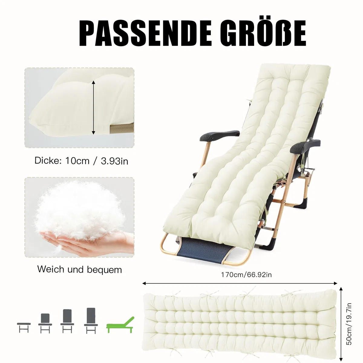 Bocguy Cojín para Tumbona de Exterior 170x50x10CM，Colchóneta para Tumbona de Jardin y Terraza y Balcón - Impermeables Colchoneta para Hamaca y Tumbona con Fijación Fácil