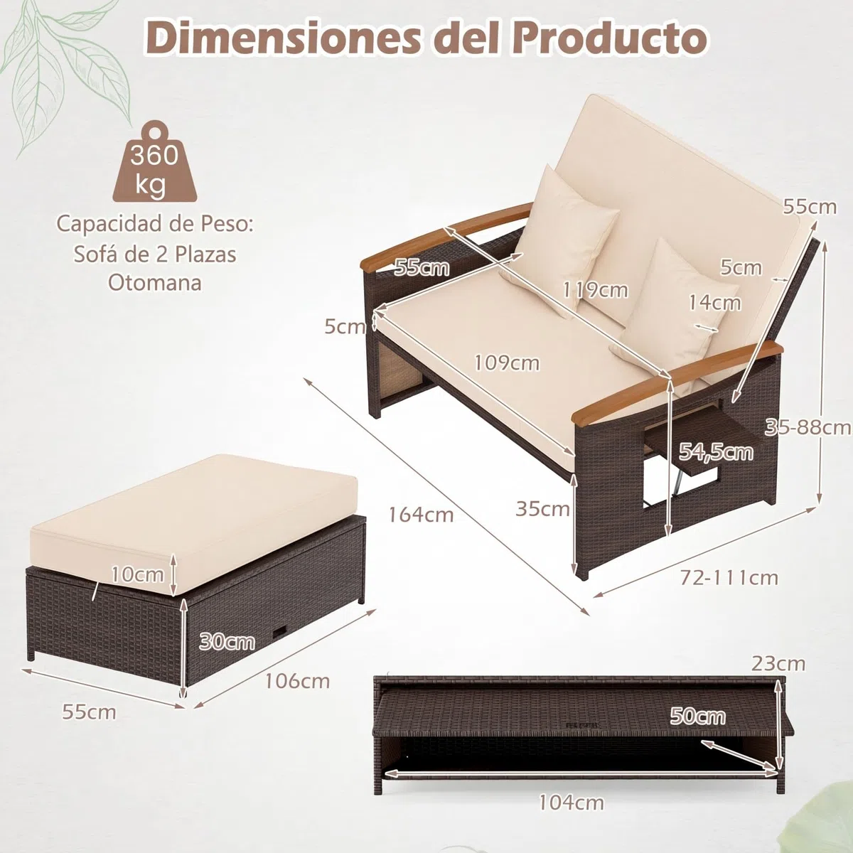 COSTWAY Sofa Exterior de Ratán con Reposapiés de Almacenamiento, 2 Plazas Tumbona Acolchado, Cama Respaldo Ajustable de 4 Niveles, Bandejas Laterales Retráctiles, Tumbona Doble de Ratan (Marrón)