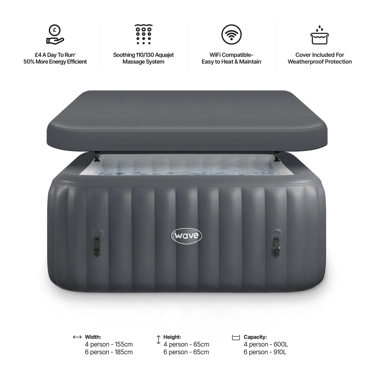 SPA Inflable Wave | Calentador ecológico Integrado | Sistema de Masaje Aquajet | Protección anticongelante | Configuración rápida de 15 Minutos (Pacific, 4 Personas | Gris Oscuro)