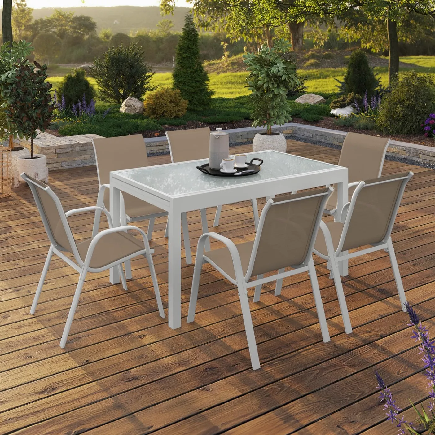 IDMarket - Salón de Jardín Madrid Mesa Extensible 135-270 CM y 12 Sillas Apilables Blanco y Beige