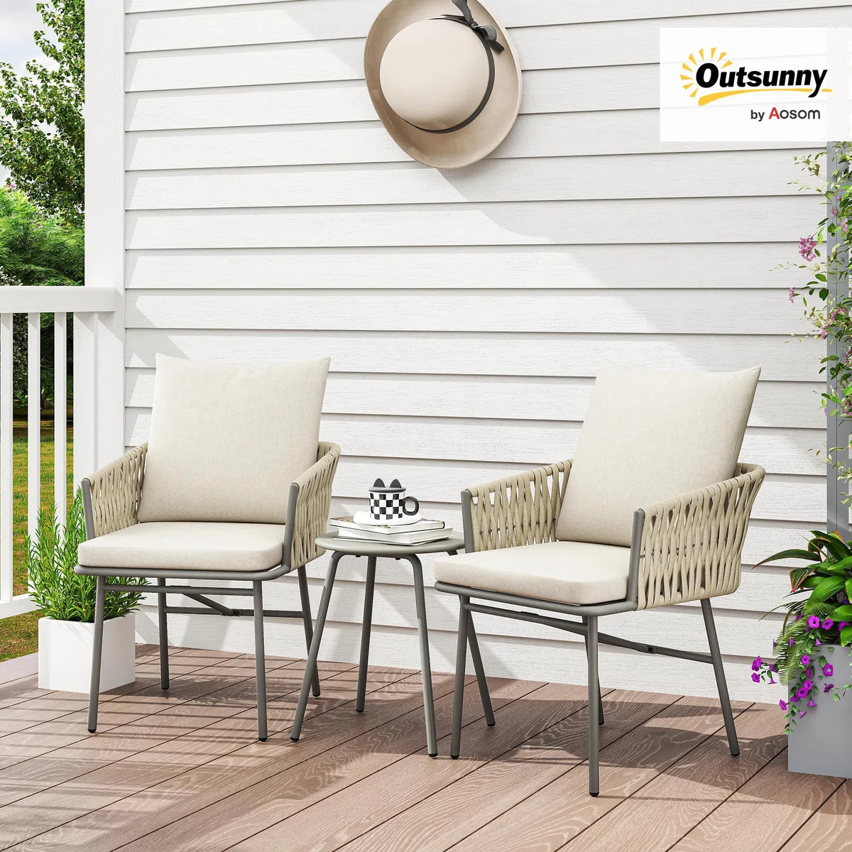Outsunny Conjunto de Jardín Exterior de 3 Piezas Muebles de Jardín con 2 Sillas con Cojines Extraíbles Lavables y Mesa Terraza con Tablero de Metal Impermeable Anti-UV para Balcón Patio Gris y Crema