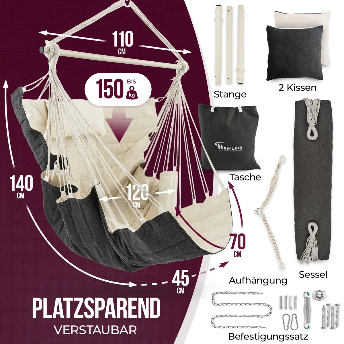 HEIMLING Silla colgante de alta clase para exteriores e interiores XXL [todo incluido paquete con suspensión + 3 cojines] Silla colgante para niños y adultos hasta 150 kg, balcón, terraza