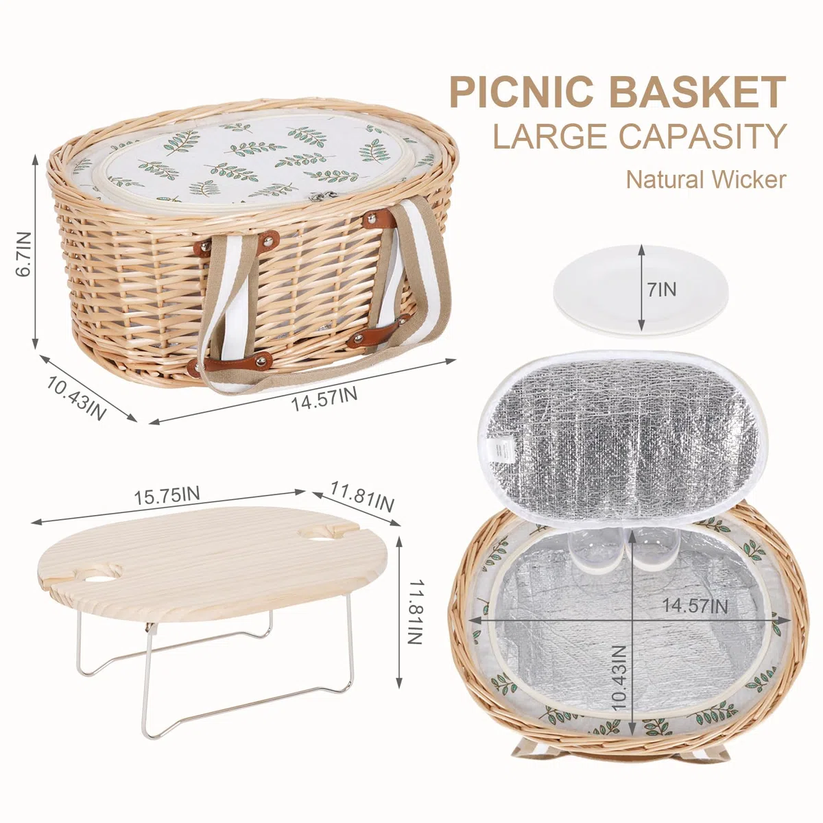 Juego de cesta de picnic para 2 - Cesta de picnic aislada de mimbre con manta impermeable, mesa de picnic plegable para vino y juegos de cubiertos, juego de cestas de picnic para acampar, al