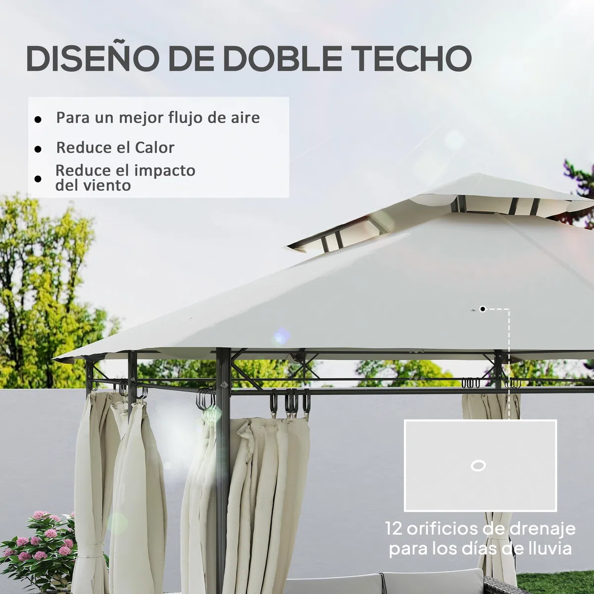 Outsunny Cenador de Jardín 4x3 m, Pabellón de Jardín Gazebo con Doble Techo, 6 Paredes Laterales, Estructura Metálica, Orificios de Drenaje, Carpa para Exterior, Terraza, Patio, Crema