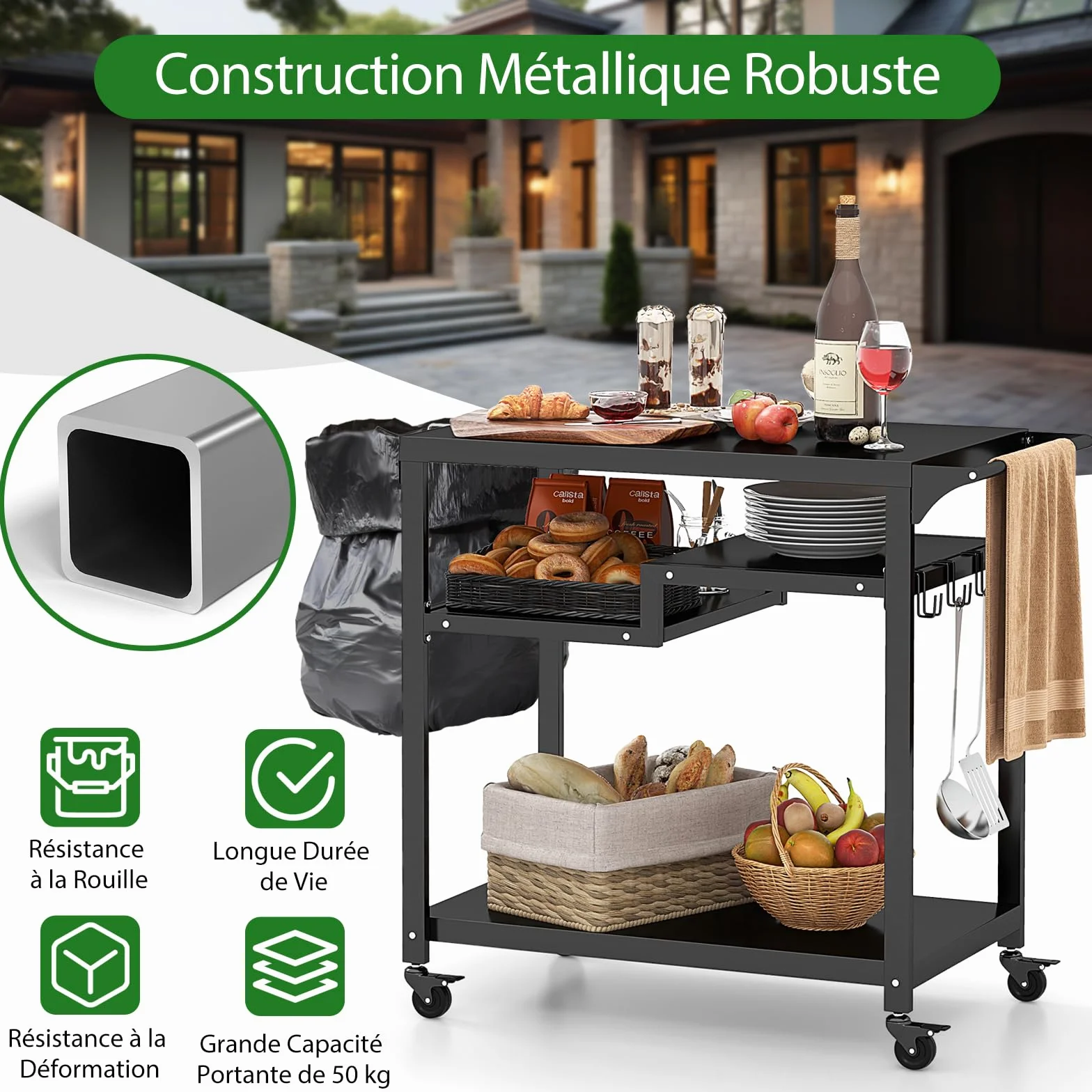 GOPLUS - Carro de barbacoa con 4 ruedas, postre exterior para barbacoa, plancha con 4 ganchos y estante, 111 x 50,5 x 93 cm, carga 50 kg, UI21160ELFR