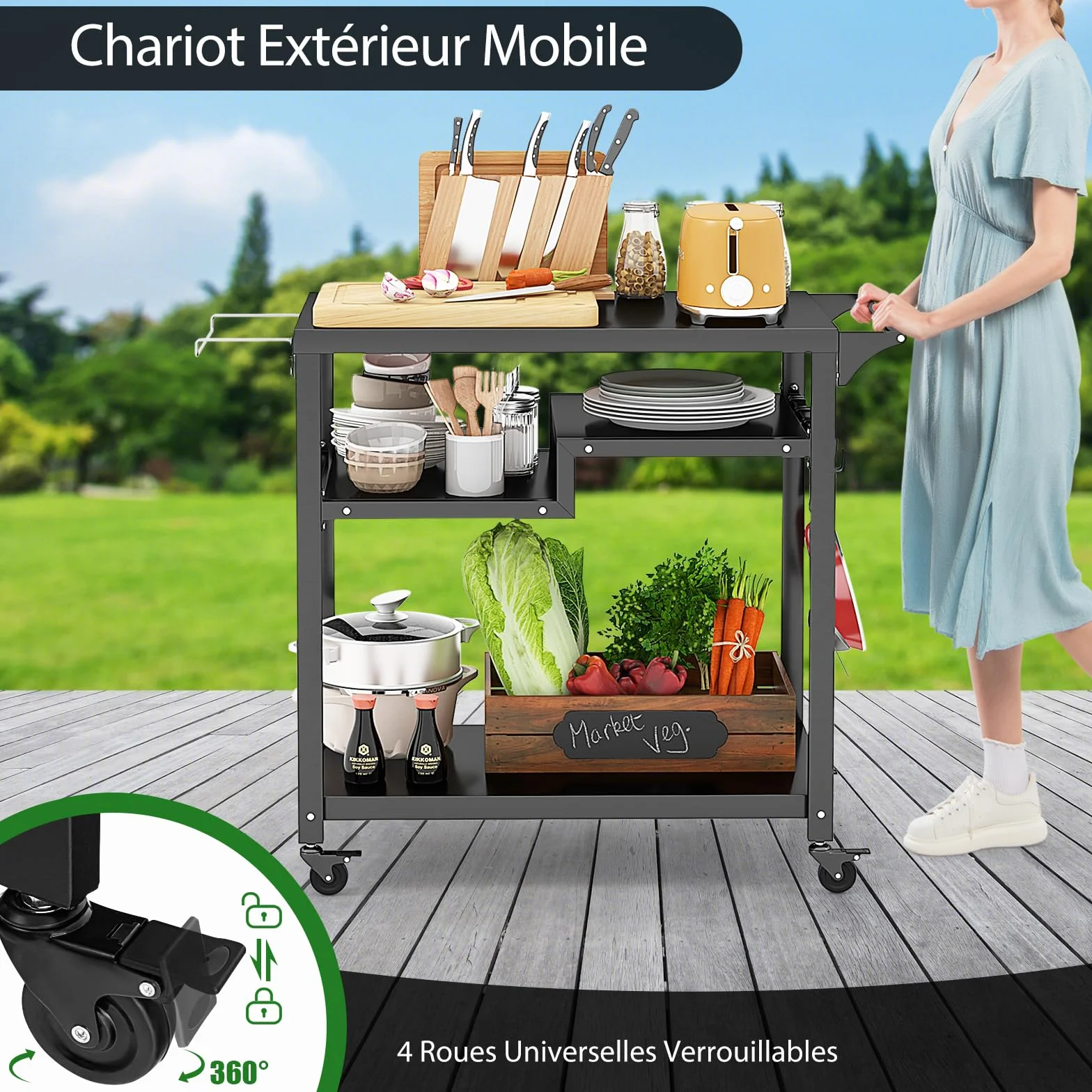 GOPLUS - Carro de barbacoa con 4 ruedas, postre exterior para barbacoa, plancha con 4 ganchos y estante, 111 x 50,5 x 93 cm, carga 50 kg, UI21160ELFR