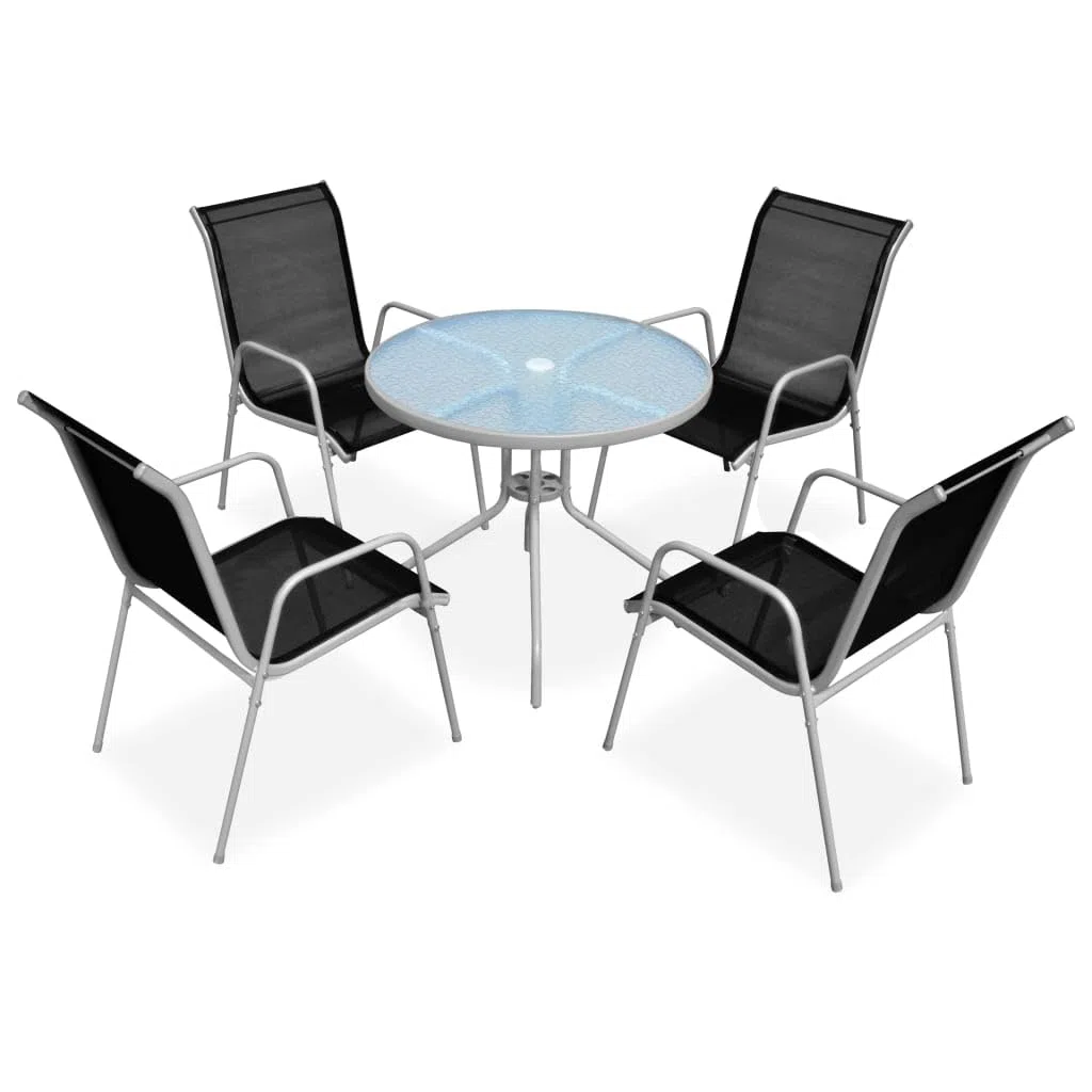 Juego de 4 sillas de jardín con mesa de metal y mesa de metal para 4 personas, mesa de jardín con 4 sillas de jardín, resistente a la intemperie, de acero, color negro