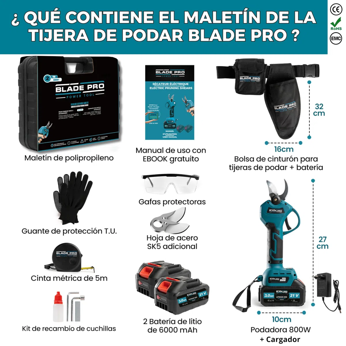 Tijeras de Podar a Batería 6000mAh Brushless hasta 40mm — Tijeras Eléctricas Profesionales — 2 Baterías 21V — Cuchilla SK5 — Kit Completo 10 Piezas BLADEPRO