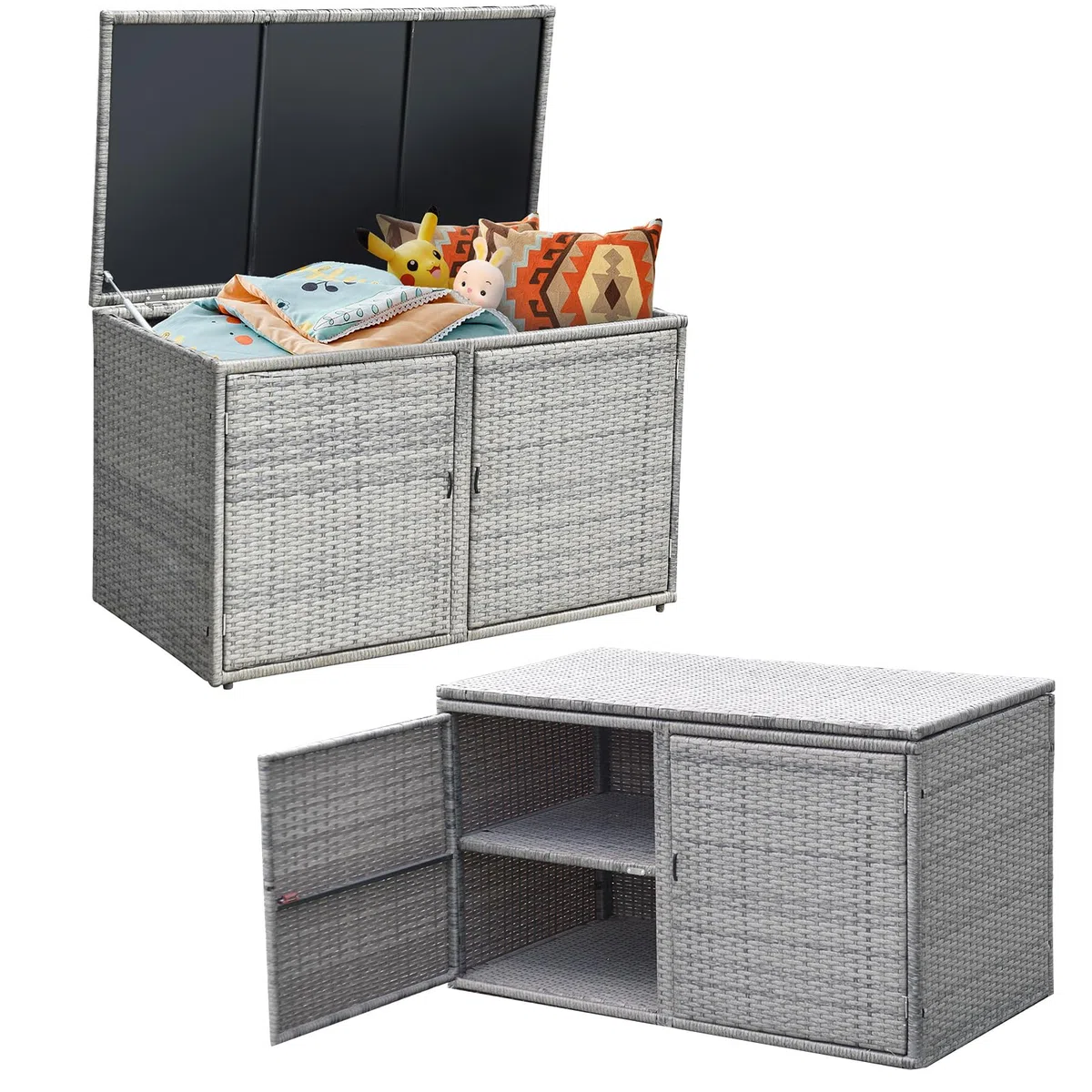 LIFEZEAL Caja de almacenaje de 2 niveles de ratán PE, Baúl grande con 2 puertas y tapa, Armario para jardín, balcón, piscina, salón, interior exterior, 115x60x65 cm (Gris)
